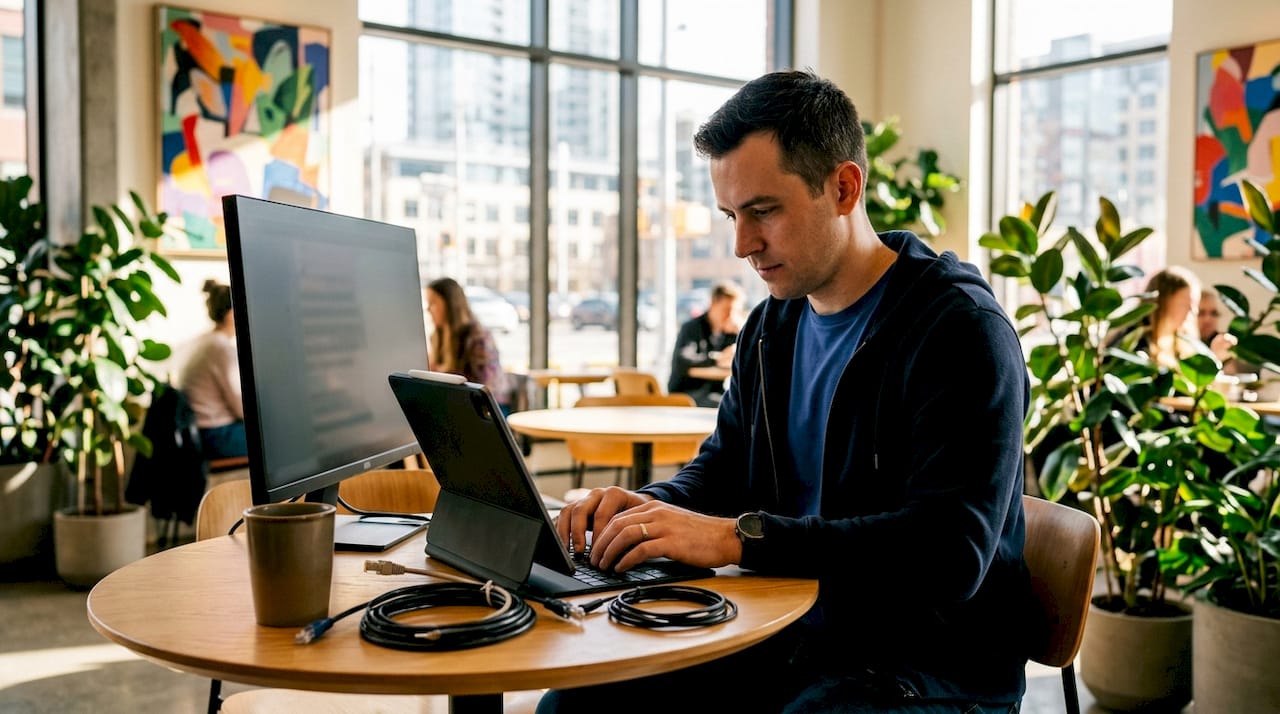 Hands typing on keyboard at tech workstation