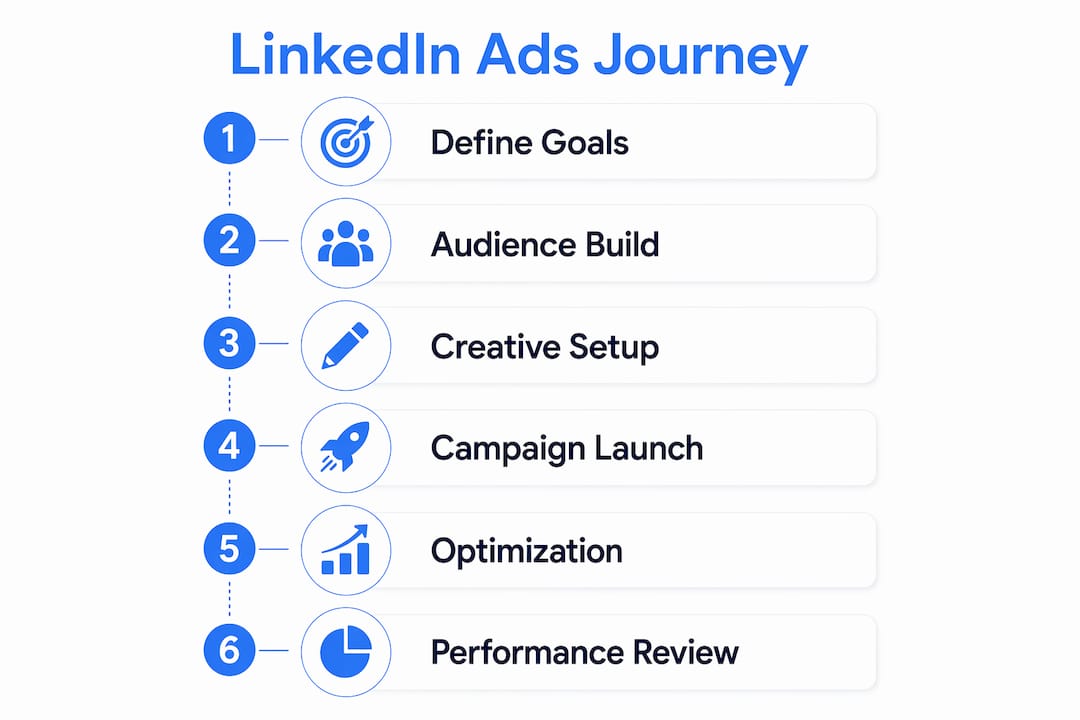 Infographic showing LinkedIn Ads campaign stages