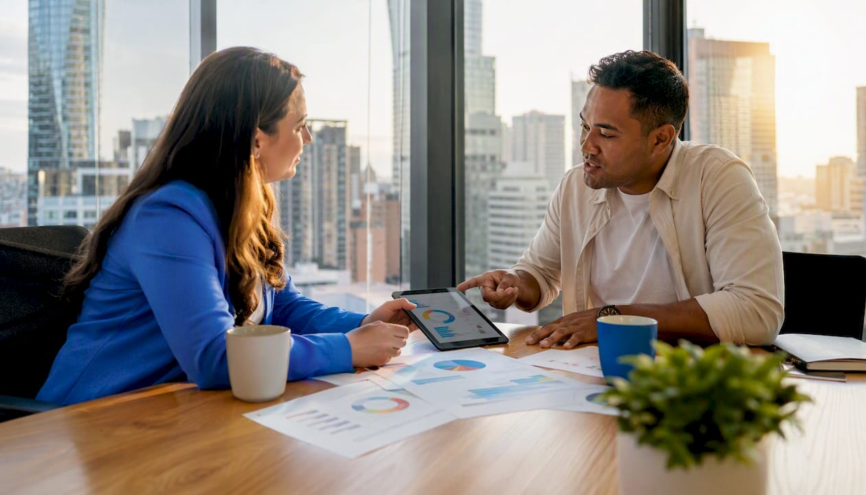 Two professionals discussing ecommerce marketing