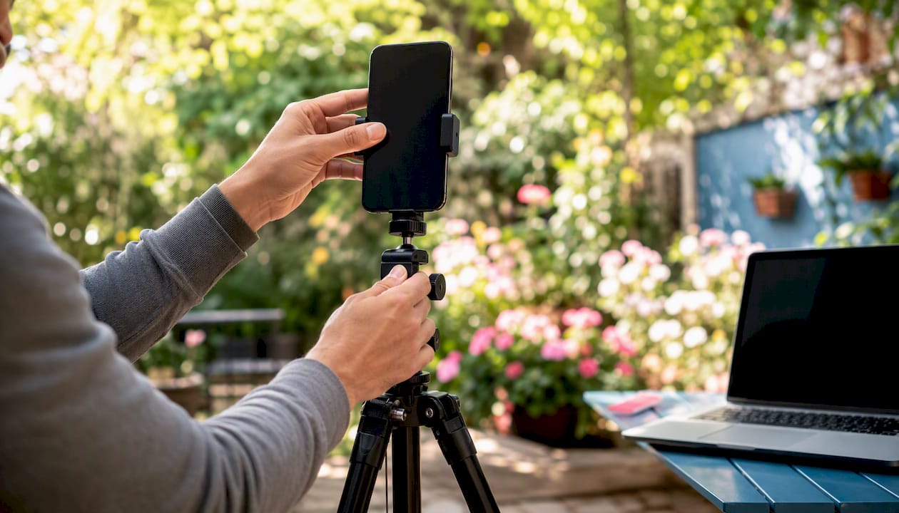 Hands adjusting smartphone tripod for talking head video