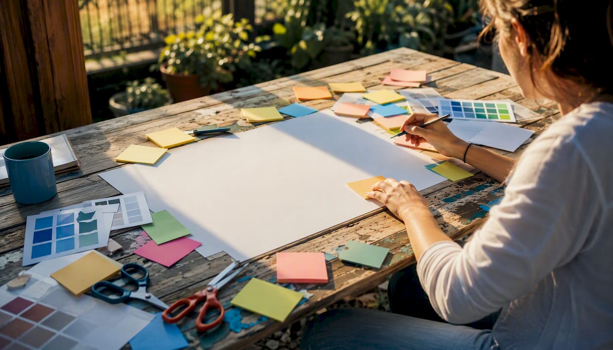 Workspace with design materials for text overlays