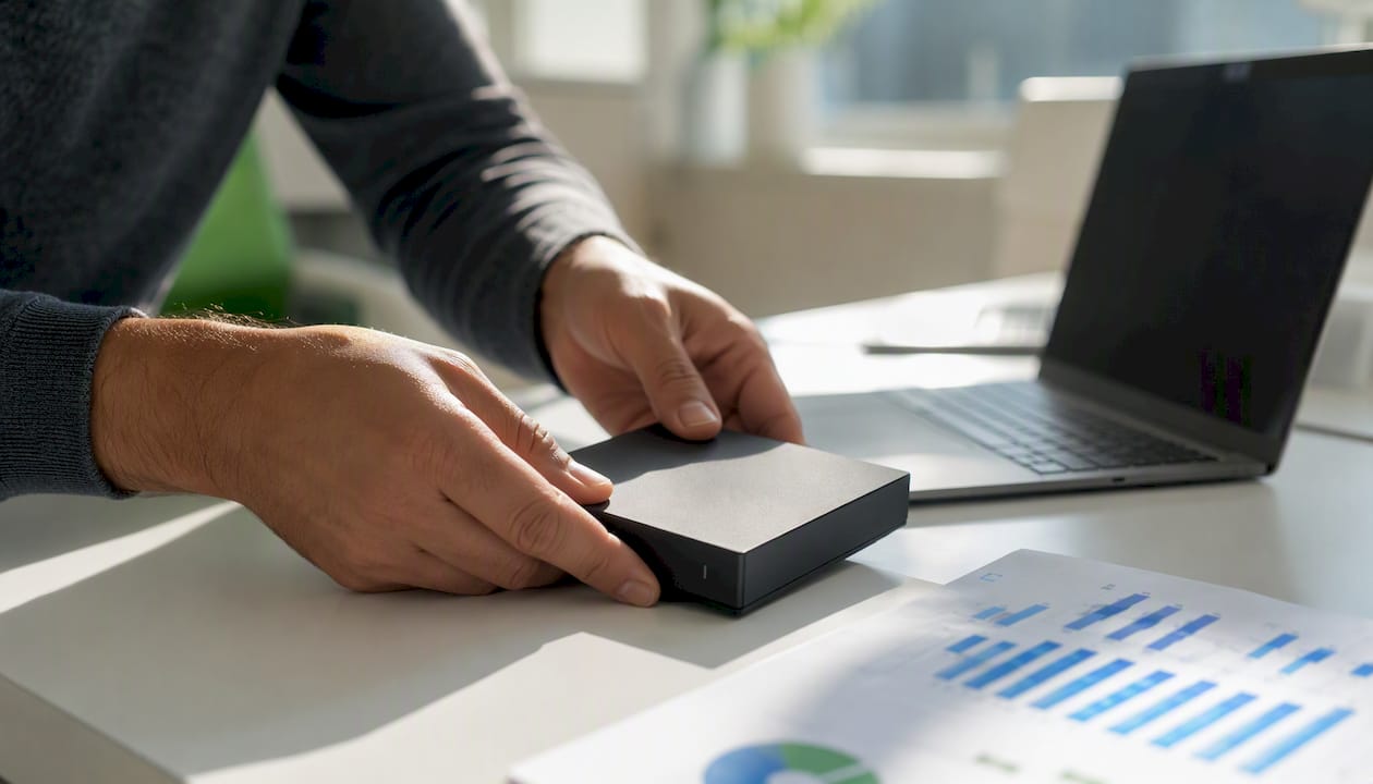 Hands placing external drive for data work