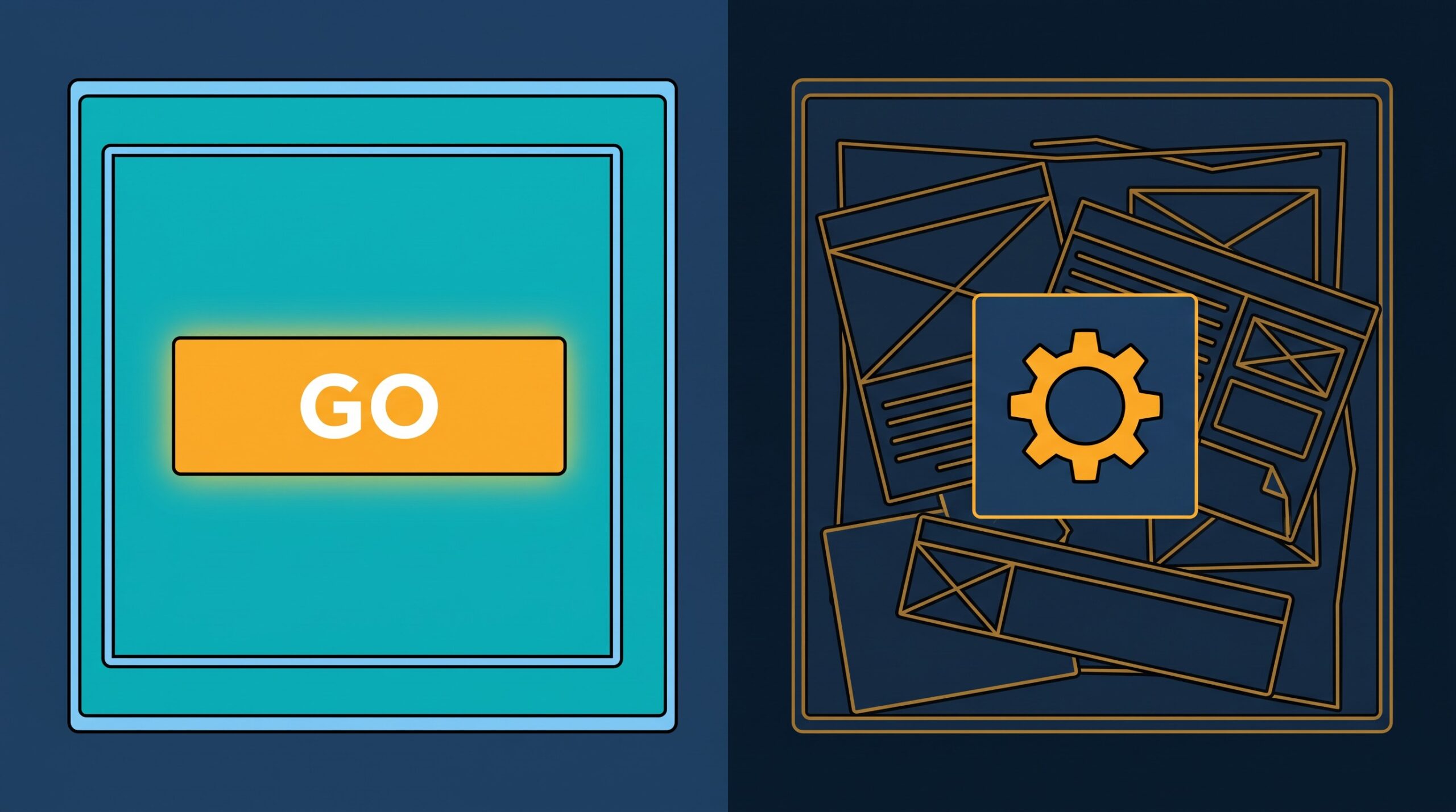 Split illustration: on the left a bright, focused page with a single clear glowing 'GO' call-to-action button; on the right a cluttered jumble of generic overlapping documents and panels