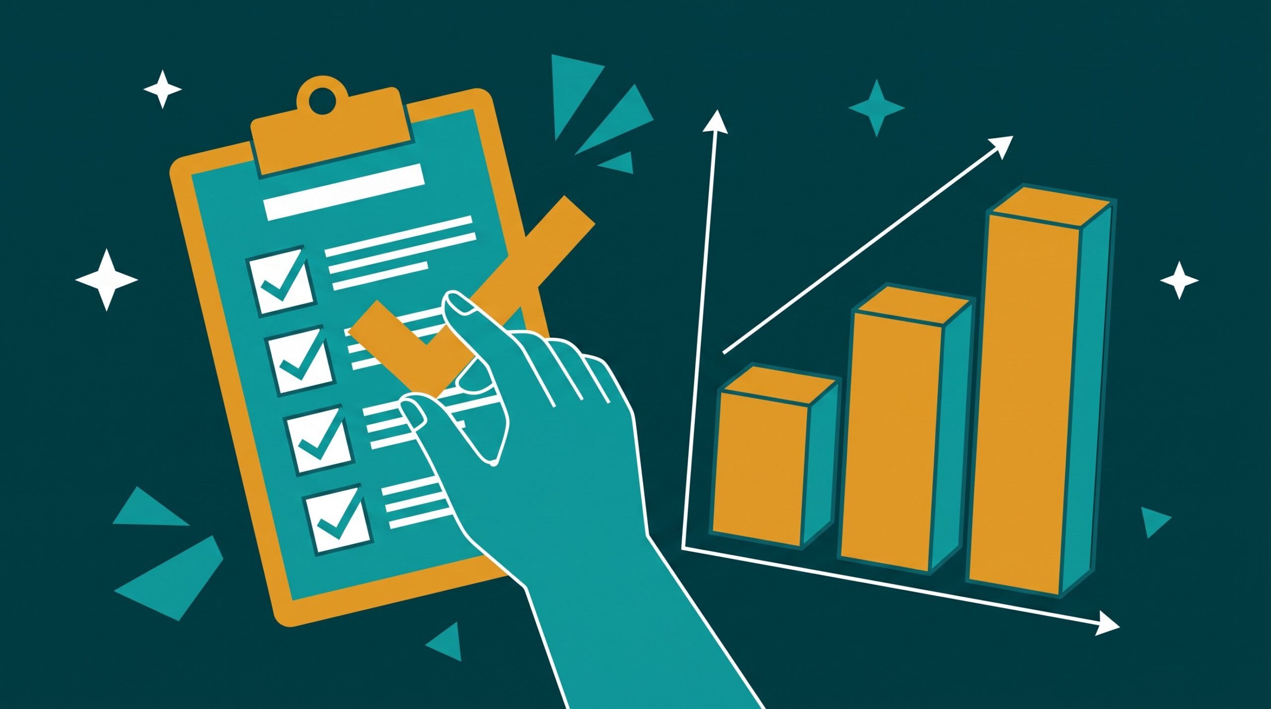 Illustration of a glowing clipboard checklist with four items being ticked off by a hand, next to a bar chart trending upward