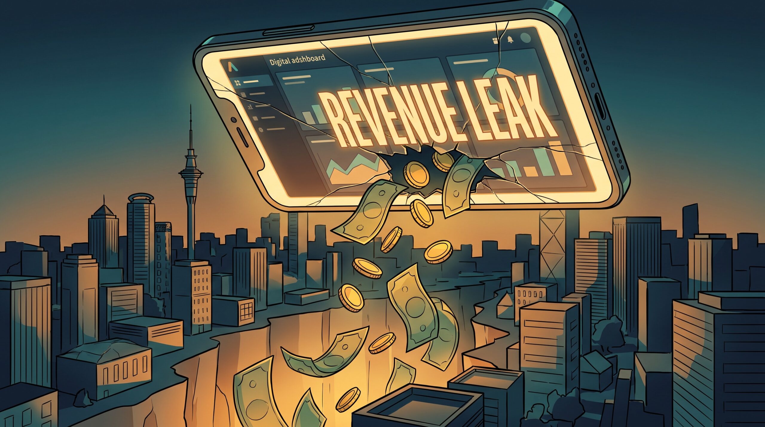 Editorial 3D illustration of coins and banknotes leaking through cracks in a glowing smartphone screen showing an ad dashboard, set against a dark Auckland skyline at dusk