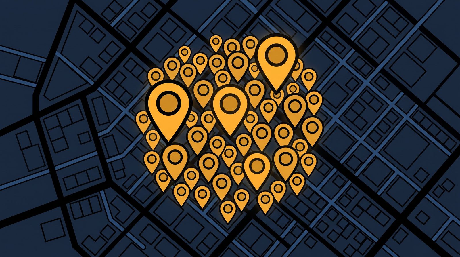 Editorial 3D illustration of a dense cluster of glowing map location pins crowded tightly together over a city street grid, representing dozens of competing Central Auckland businesses
