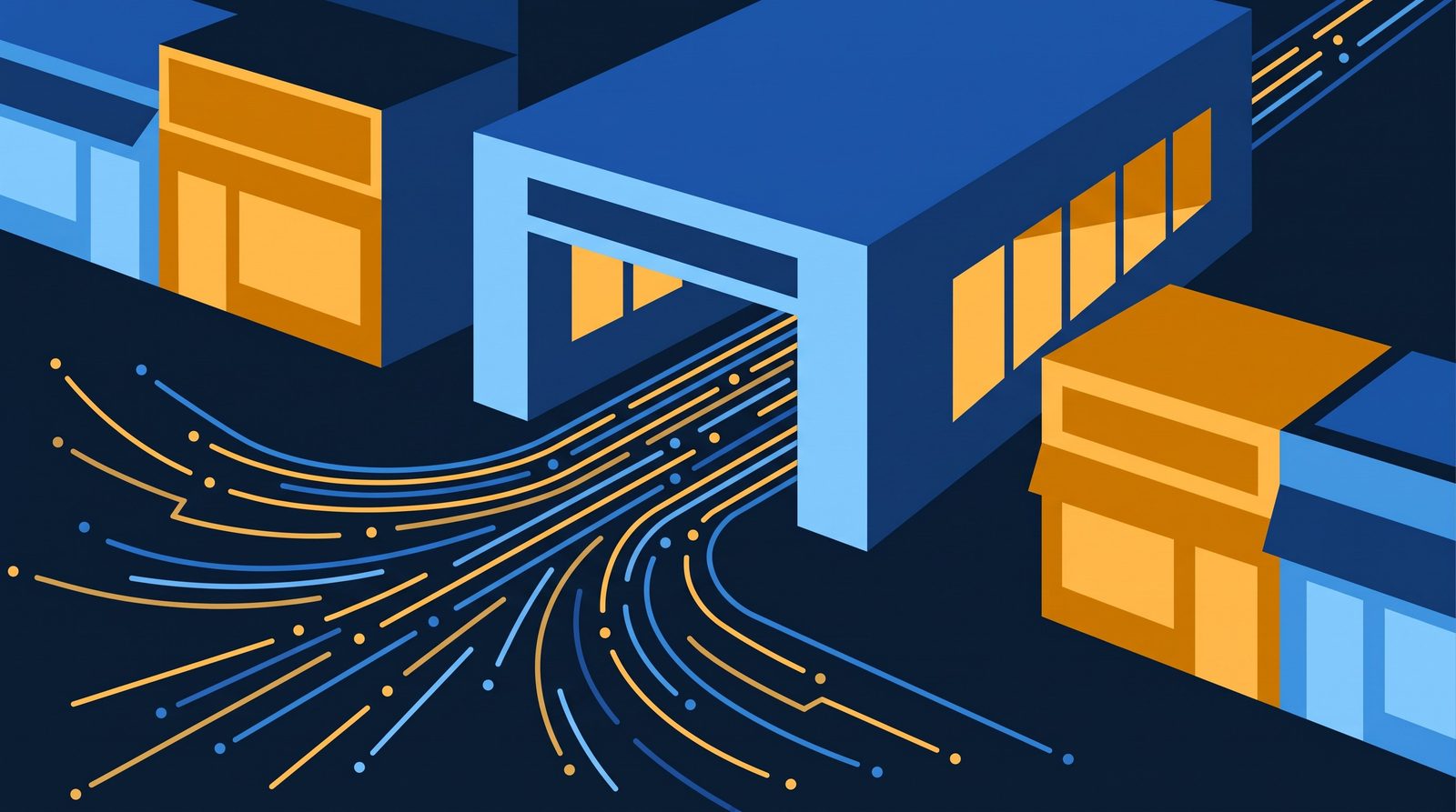 Editorial 3D illustration of a glowing modern train station entrance with commuters streaming out and dispersing toward nearby storefronts and cafes, rendered as light trails