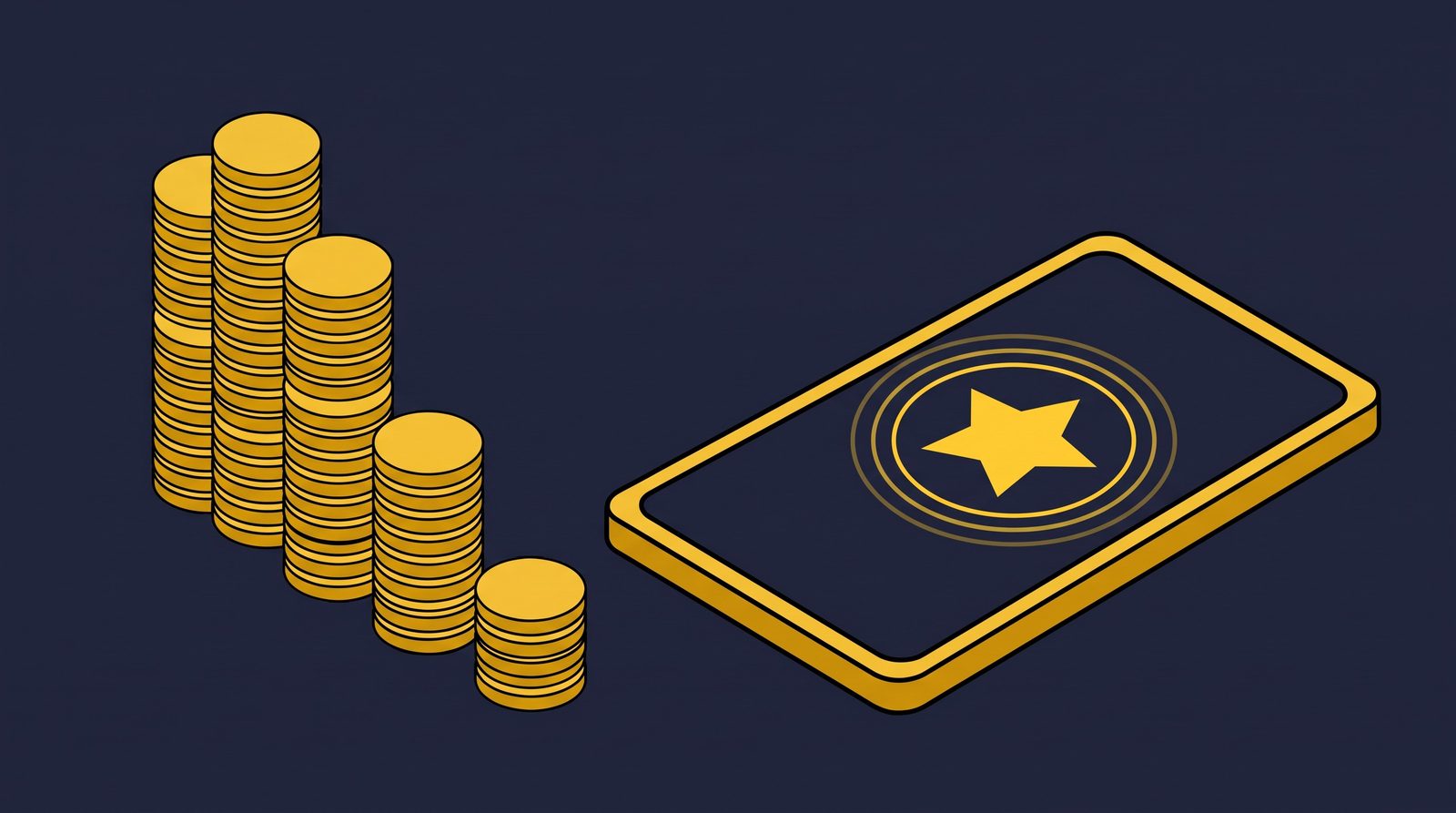 Editorial 3D illustration of a shrinking stack of gold coins beside a glowing smartphone displaying a bright star rating, representing the cost of a click weighed against customer value