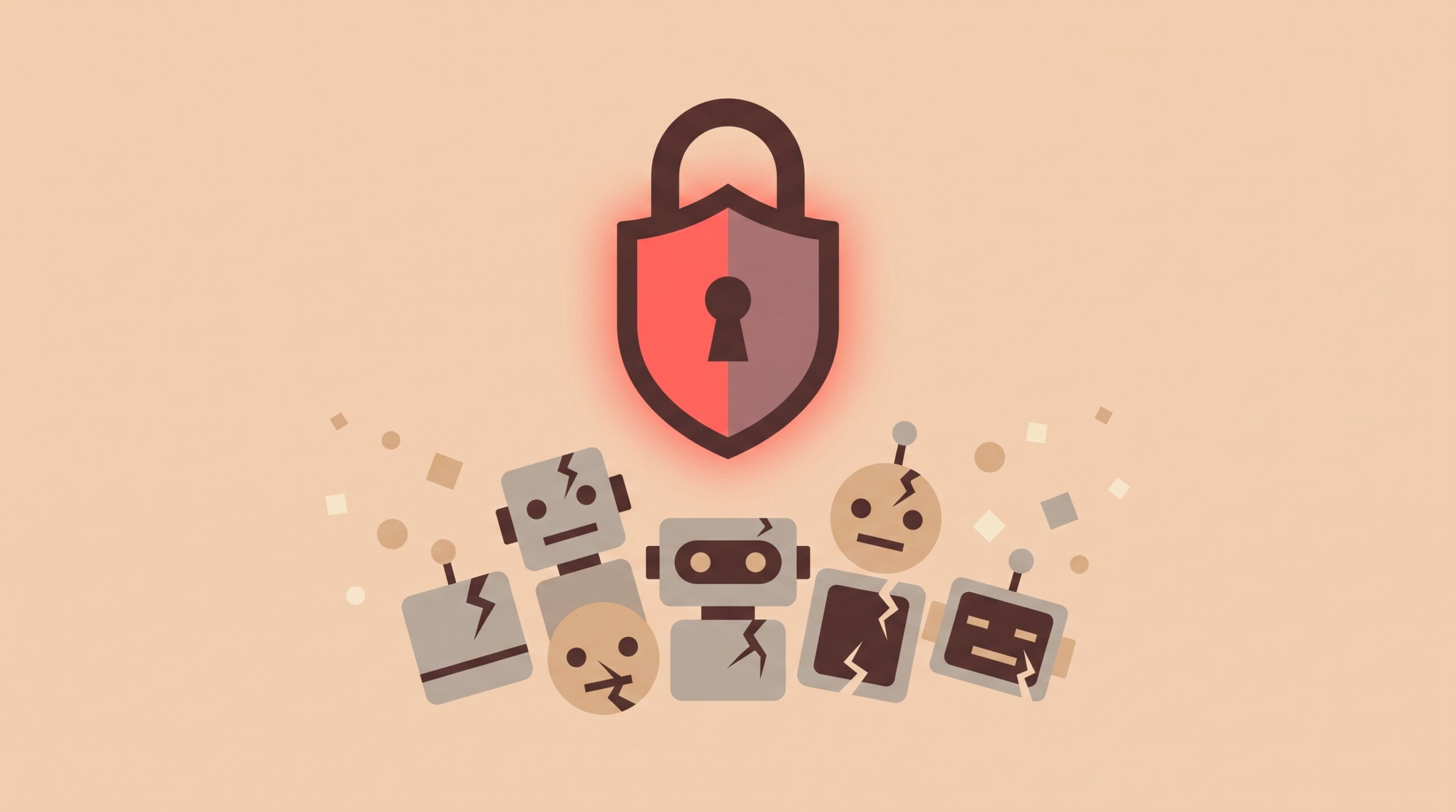 Editorial 3D illustration of a glowing red shield above a cluster of small grey bot icons shutting down with cracks of warning light