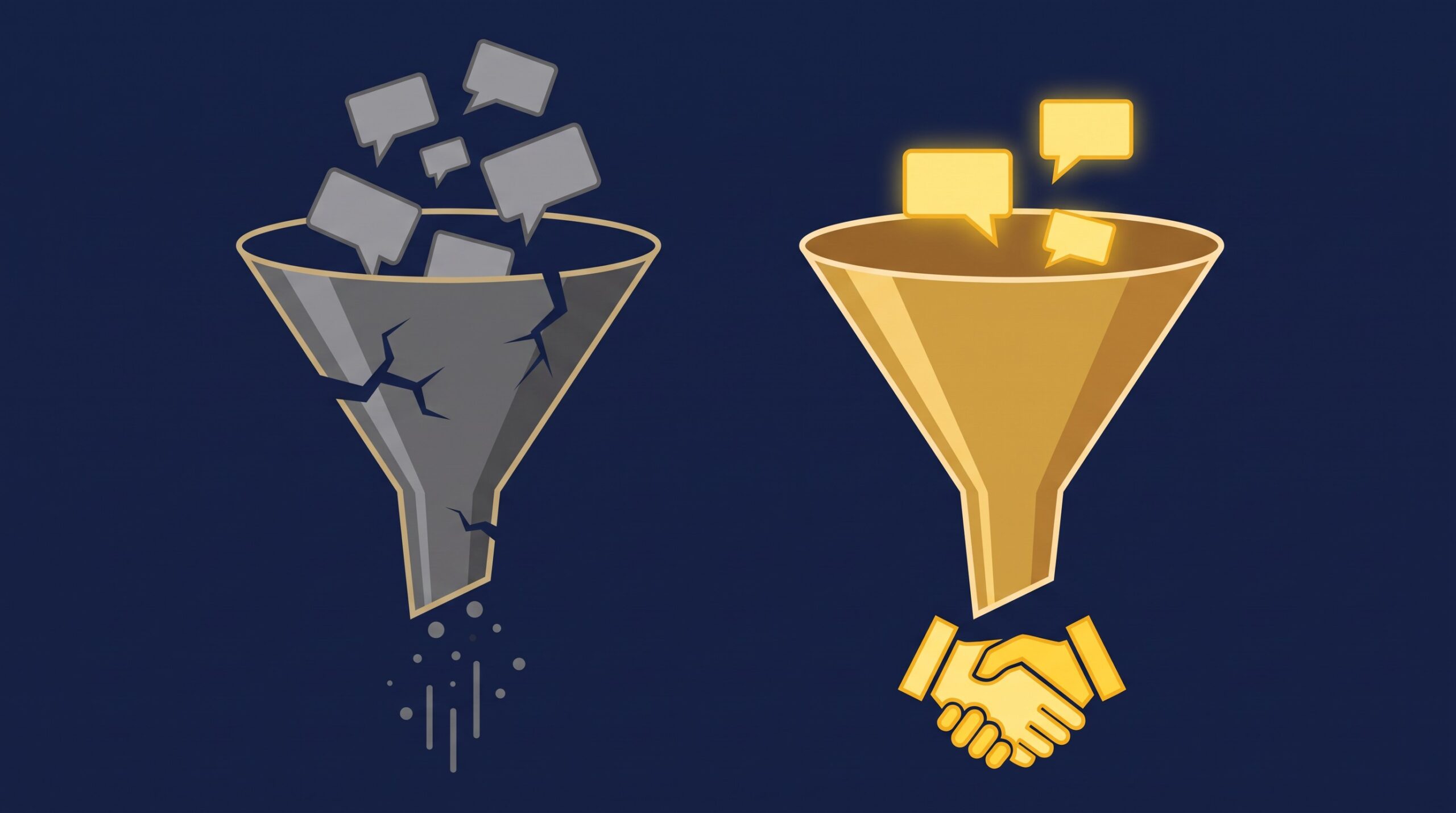 Editorial 3D illustration comparing two glowing funnels: a wide cracked one where automated outreach fades to dust before the bottom, and a narrower bright one where warm outreach flows cleanly into a handshake