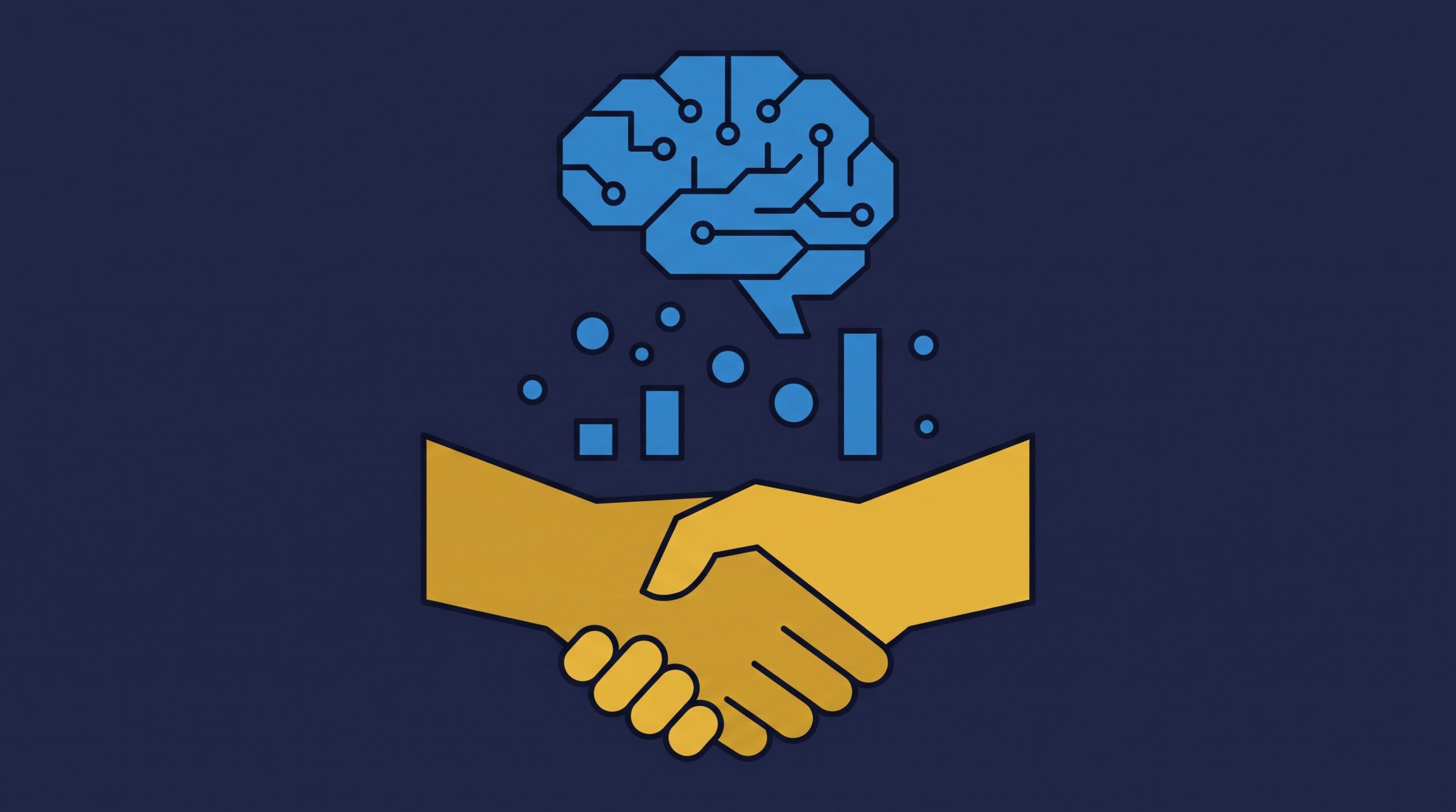 Editorial 3D illustration of a glowing holographic AI research icon dissolving into two solid human hands clasped in a handshake