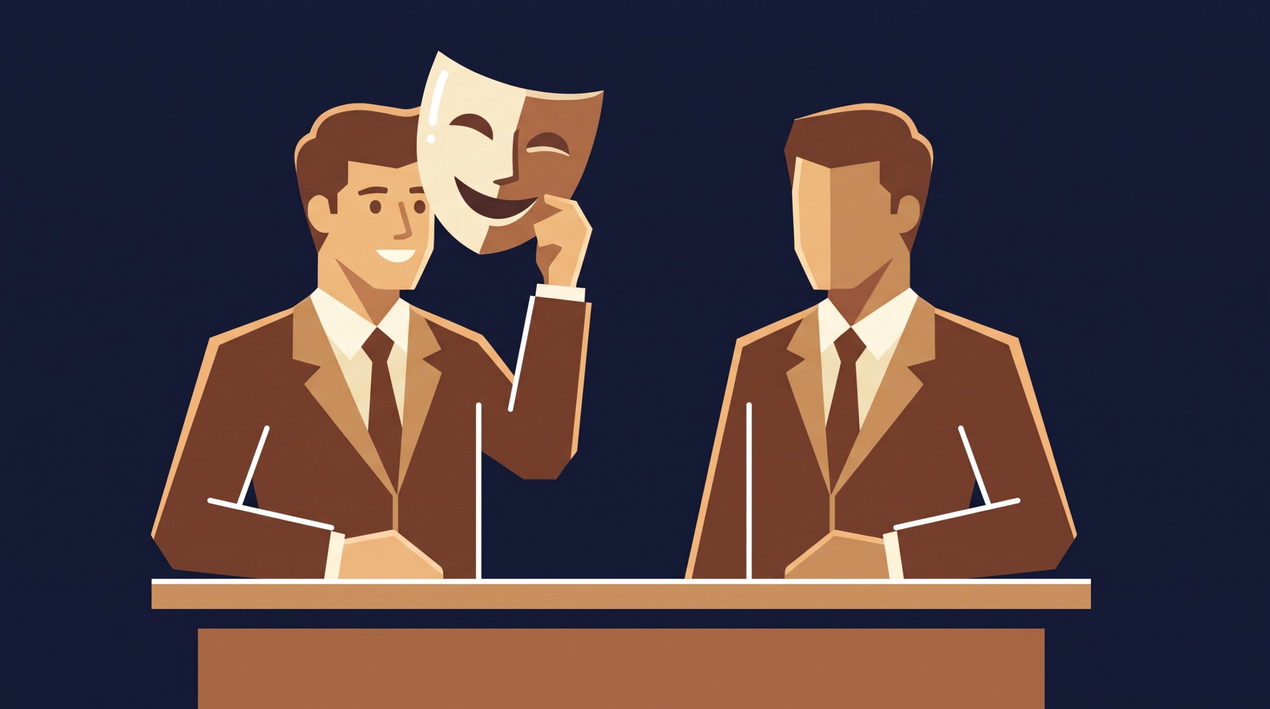 Editorial 3D illustration of two identical glossy presenter figures at a pitch table, with one figure's polished mask lifting off to reveal a different, less experienced face underneath