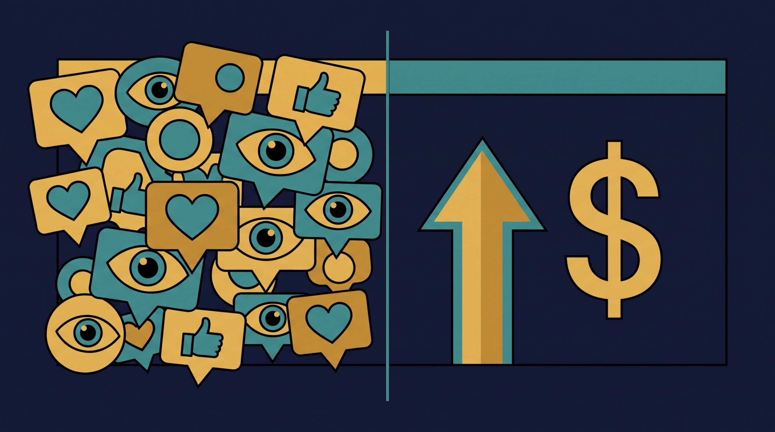 Split editorial 3D illustration: on the left a cluttered glowing dashboard full of meaningless icons like hearts and eyeballs, on the right a clean dashboard showing a single clear revenue arrow and dollar sign