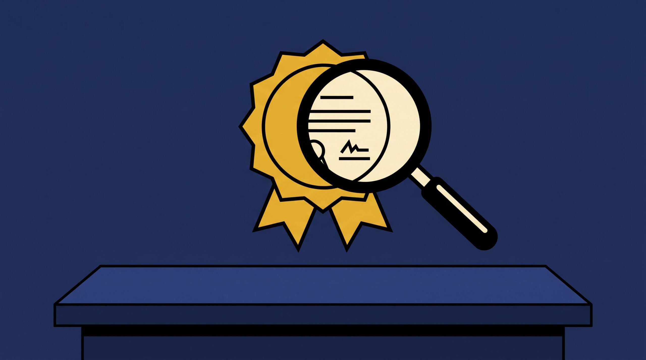 Editorial 3D illustration of a large glowing gold certification badge floating above a desk, with a magnifying glass held over it revealing tiny hidden fine print on its surface