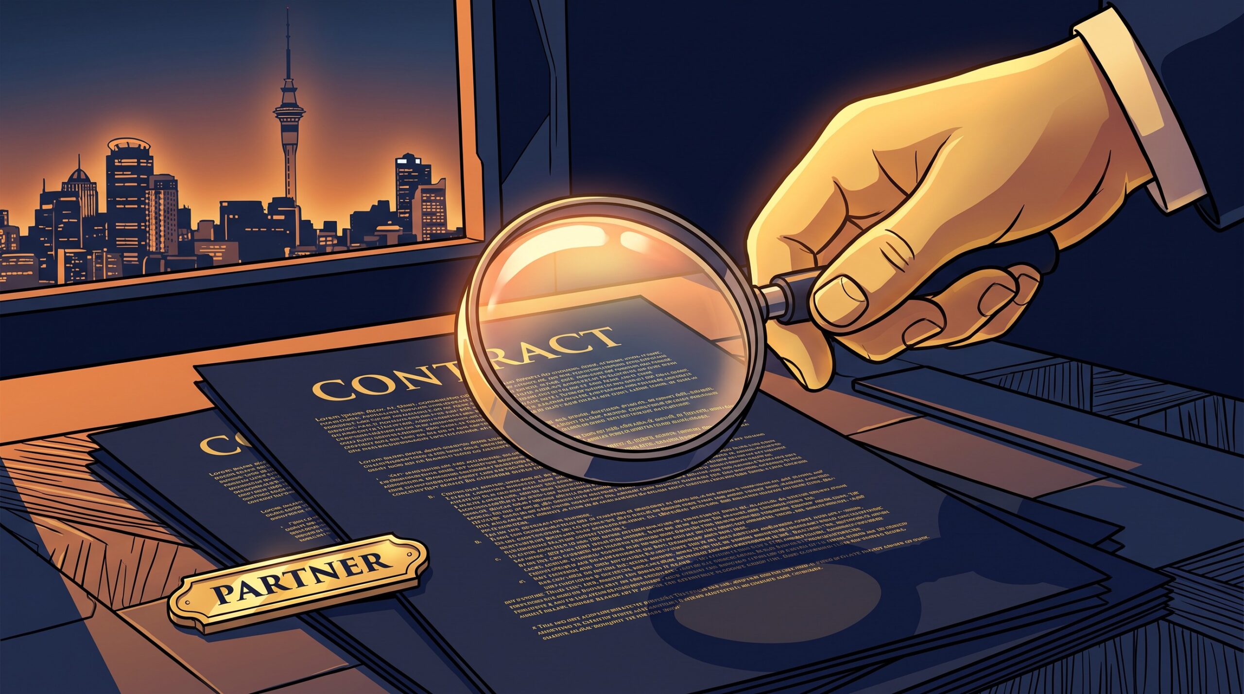 Editorial 3D illustration of a hand holding a glowing magnifying glass over a stack of contracts and a gold partner badge on a desk, revealing hidden fine print, with a dark Auckland skyline in the background