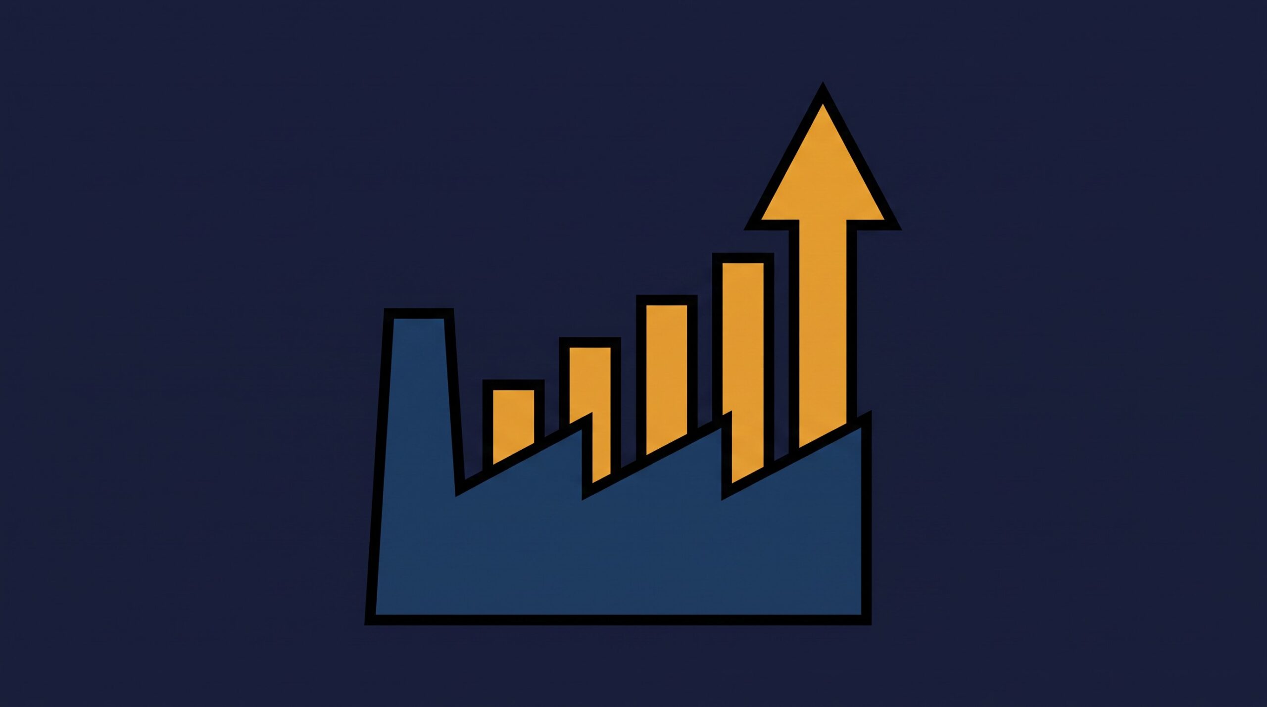 Editorial 3D illustration of a factory silhouette with a glowing upward trending arrow and bar graph bursting from its roofline into the sky, representing rapid manufacturing sector growth