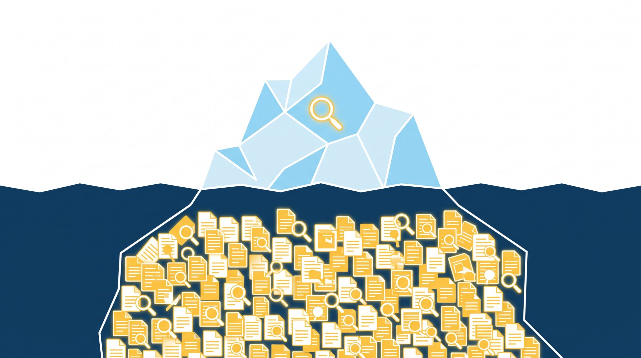 Editorial 3D illustration of a glowing iceberg, with a single small search icon visible above the waterline and a much larger mass of glowing document and research icons hidden below it