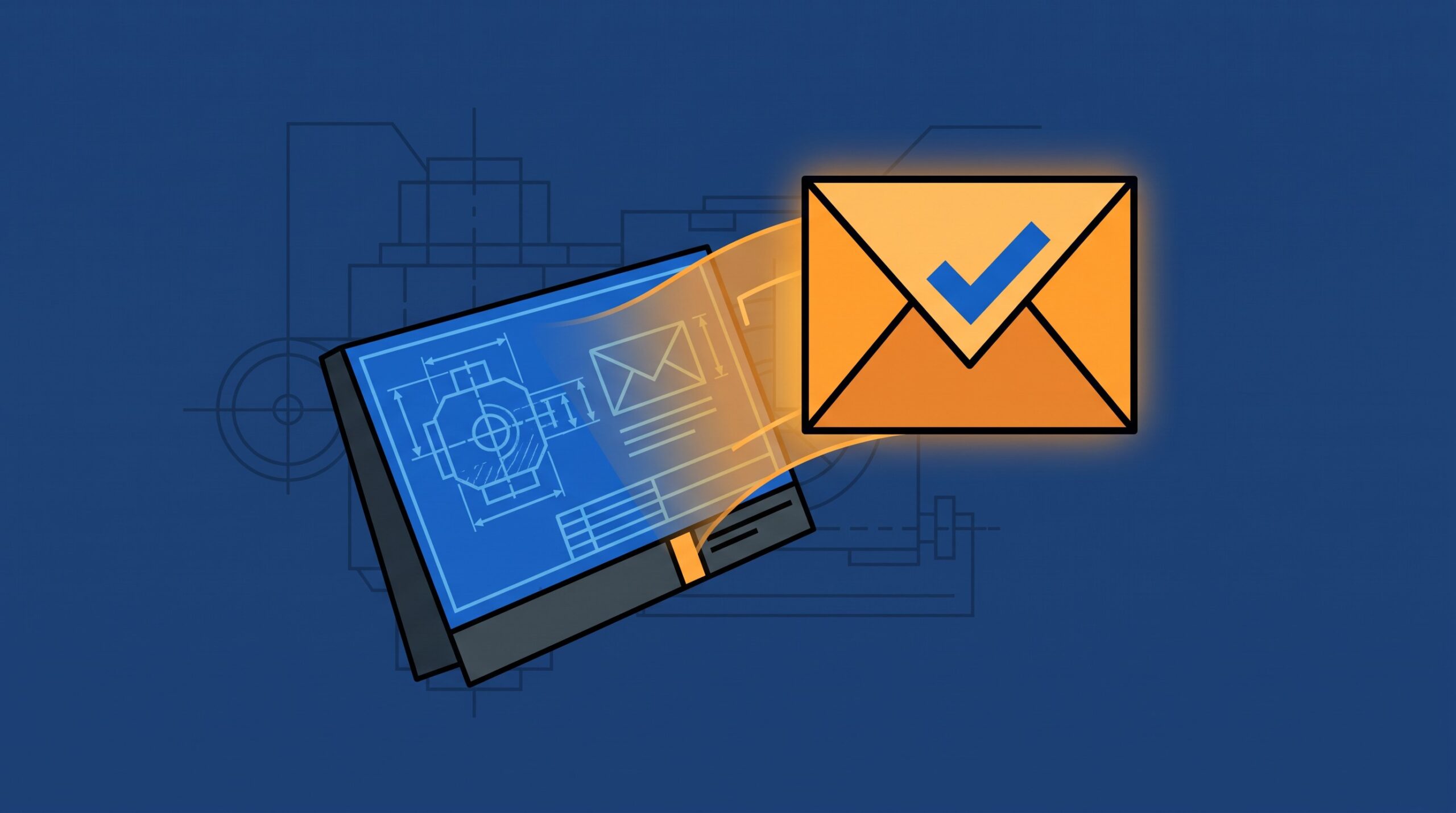 Editorial 3D illustration of a technical spec sheet document transforming into a glowing envelope icon with a checkmark, industrial blueprint lines faintly visible in the background