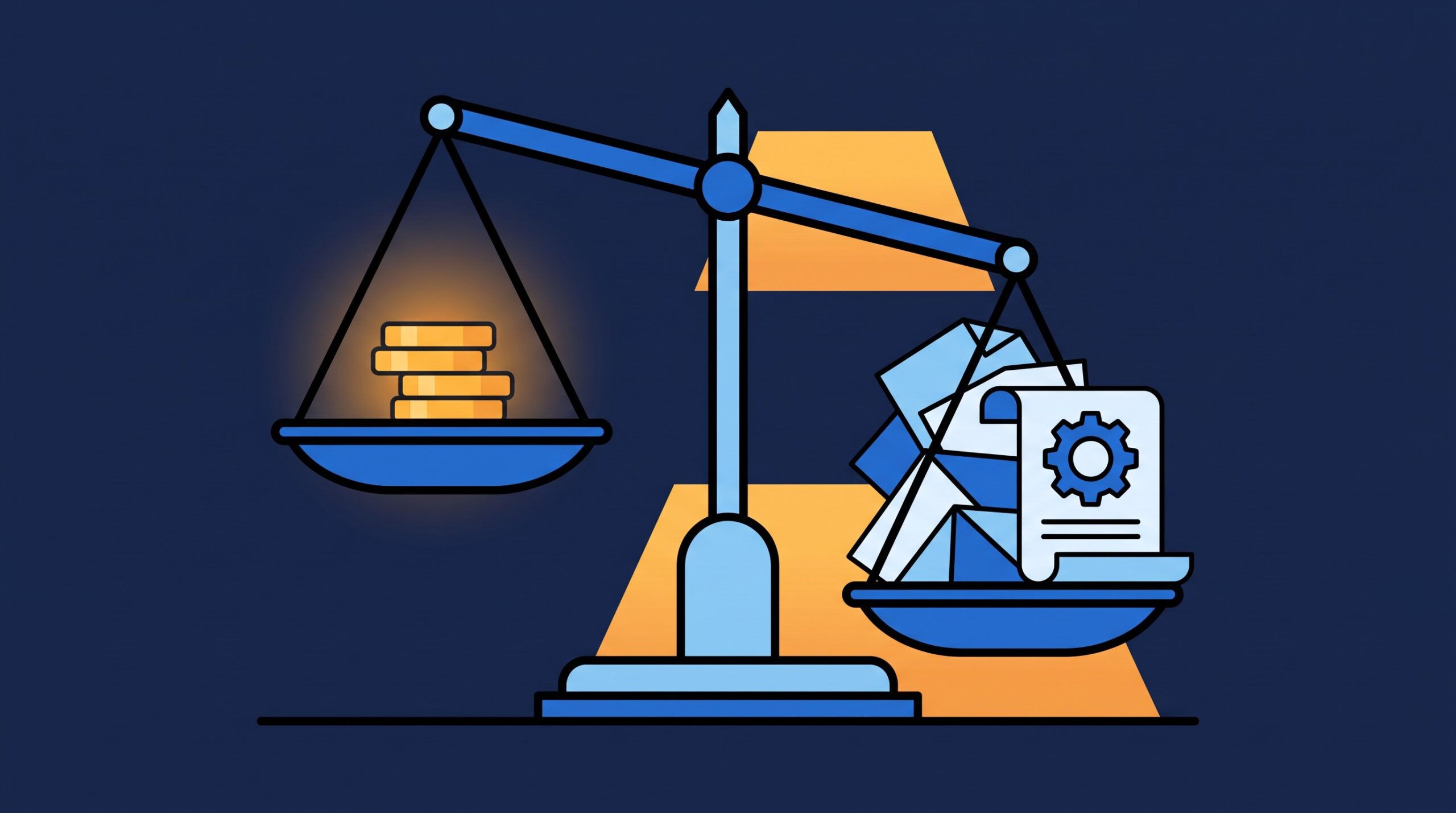 Editorial 3D illustration of a balance scale tipping toward a large glowing stack of documents representing a supply contract, against a small stack of coins on the other side