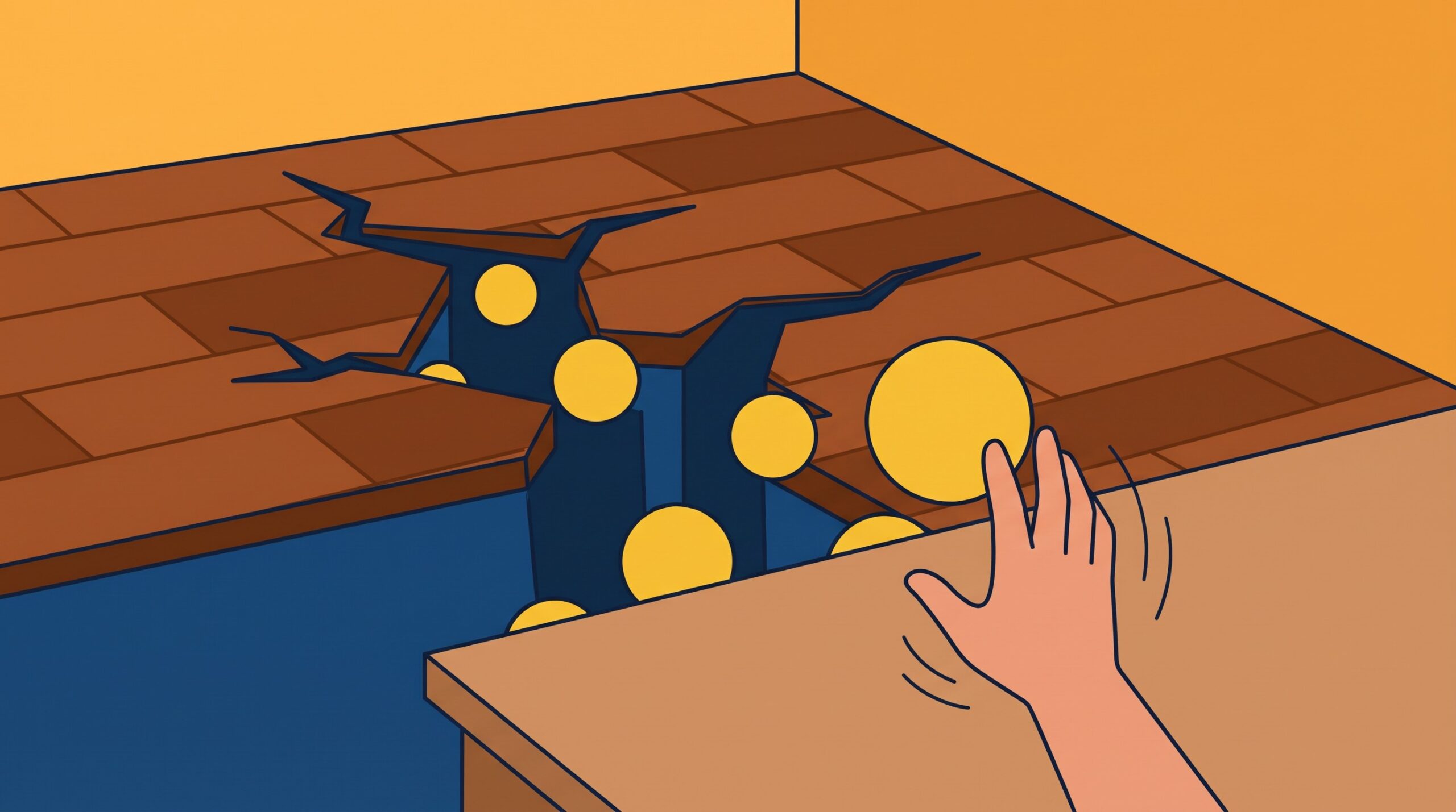 Editorial 3D illustration of glowing lead icons falling through cracks in an office floor into darkness, with a hand reaching up too late to catch them