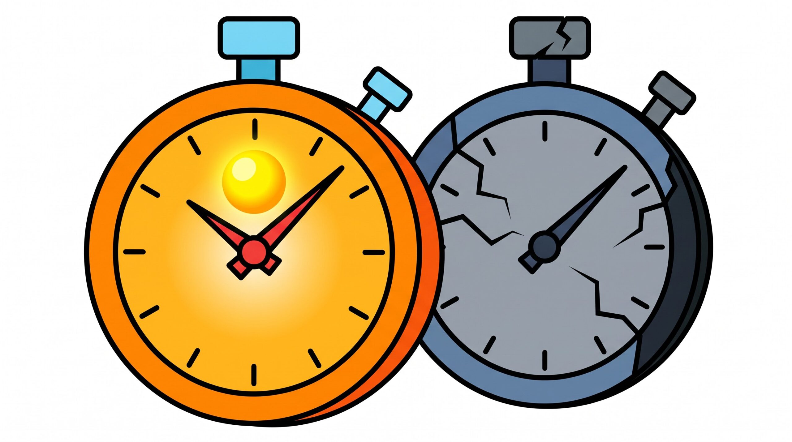 Two stopwatches side by side: one glowing and ticking, the other cracked, grey and stopped, representing the gap between a fast and a slow lead response