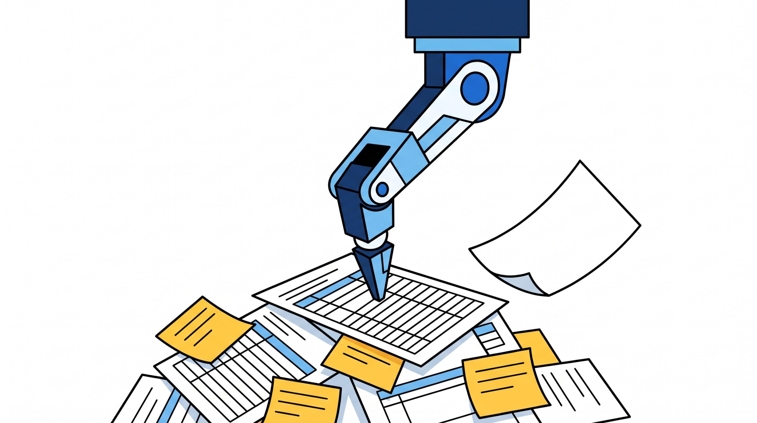 Editorial 3D illustration of a glowing robotic arm balancing on top of a crumbling pile of paper spreadsheets and sticky notes