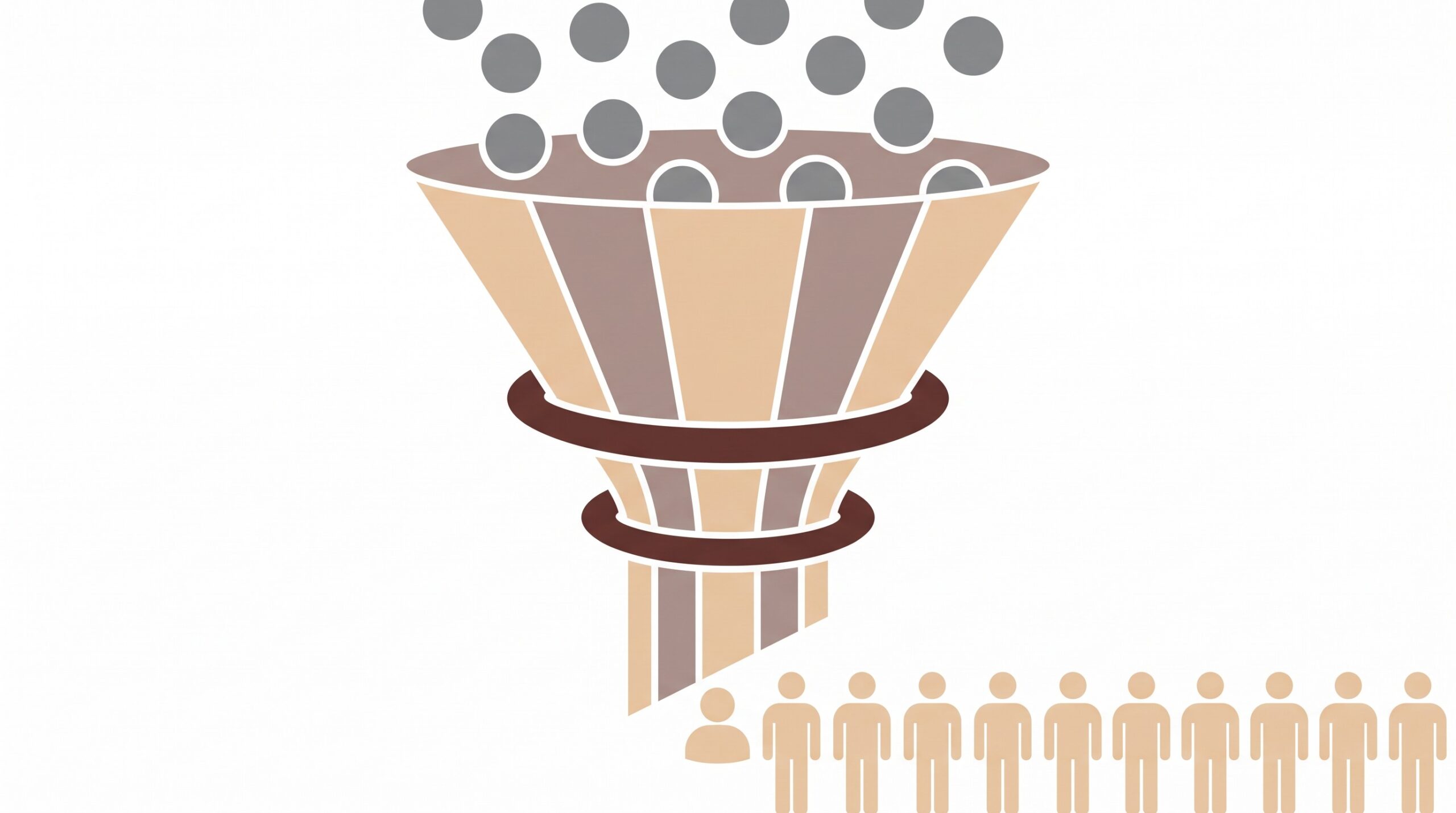 Editorial 3D illustration of a glowing funnel turning scattered dim lead icons at the top into organised bright customer icons flowing out neatly at the bottom