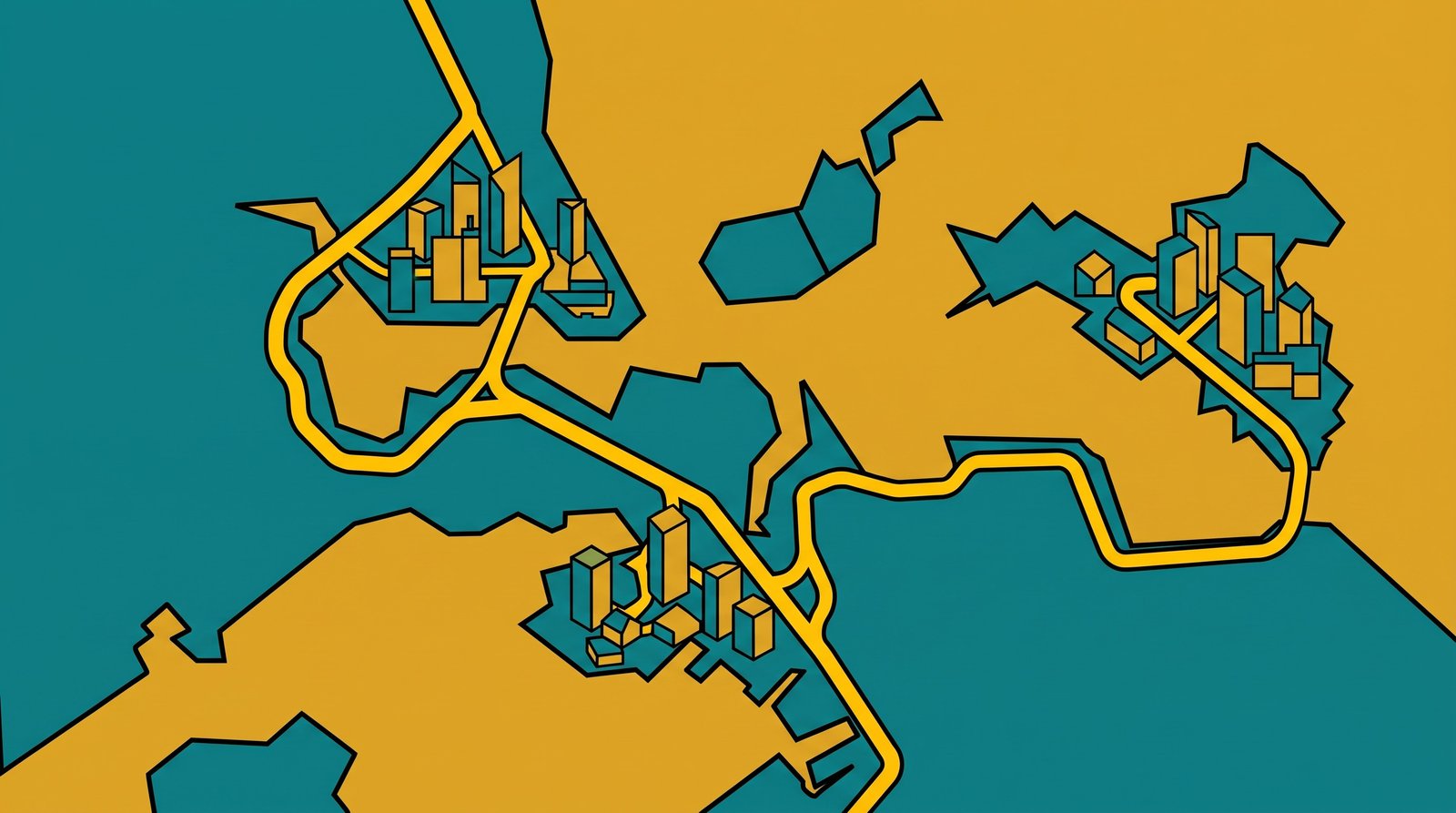 Editorial 3D illustration of a glowing stylised map of Auckland's North Shore with three separate clusters of buildings connected by a winding coastal road