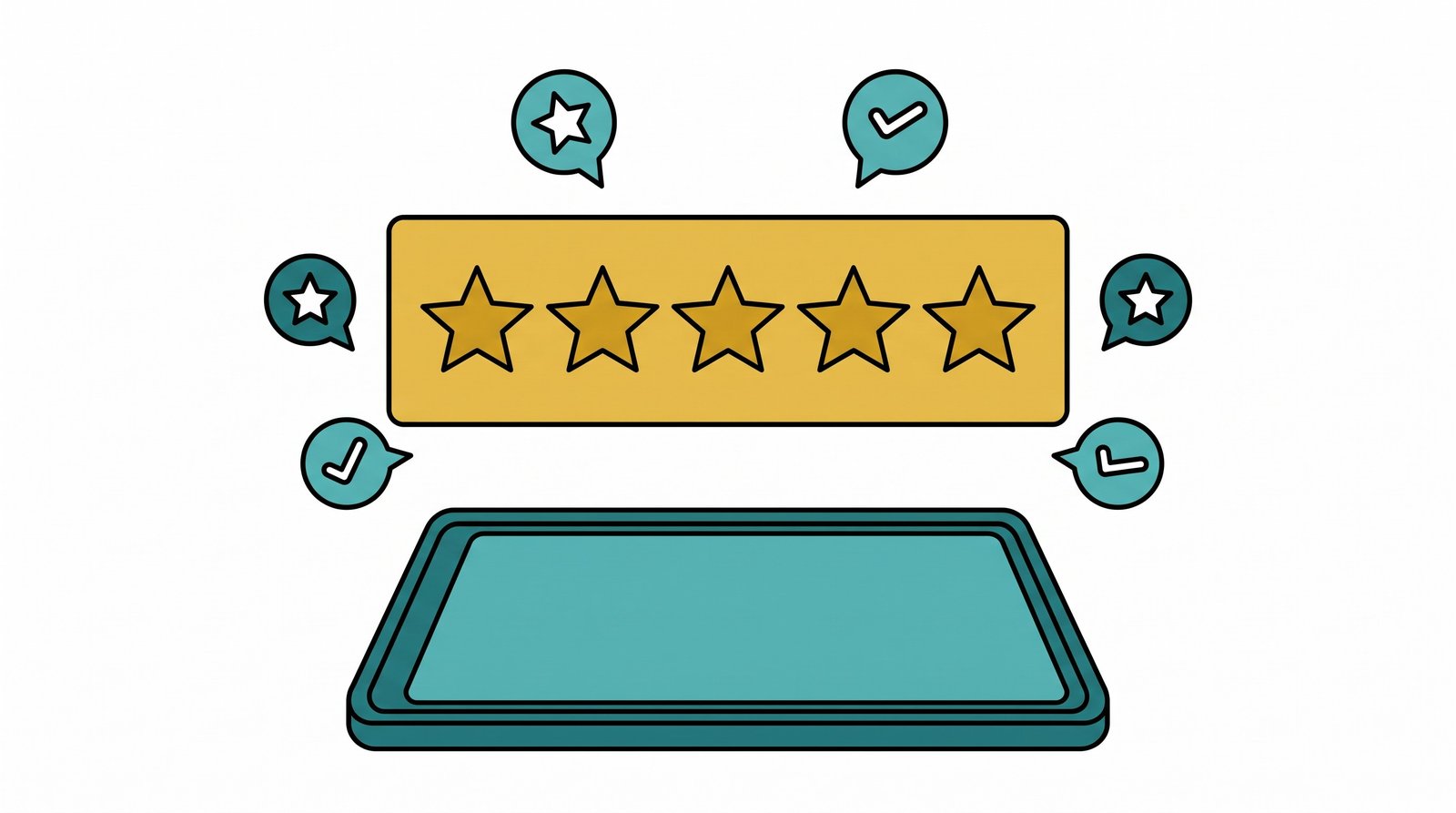 Editorial 3D illustration of a glowing five-star rating card floating above a smartphone with review speech bubbles orbiting around it
