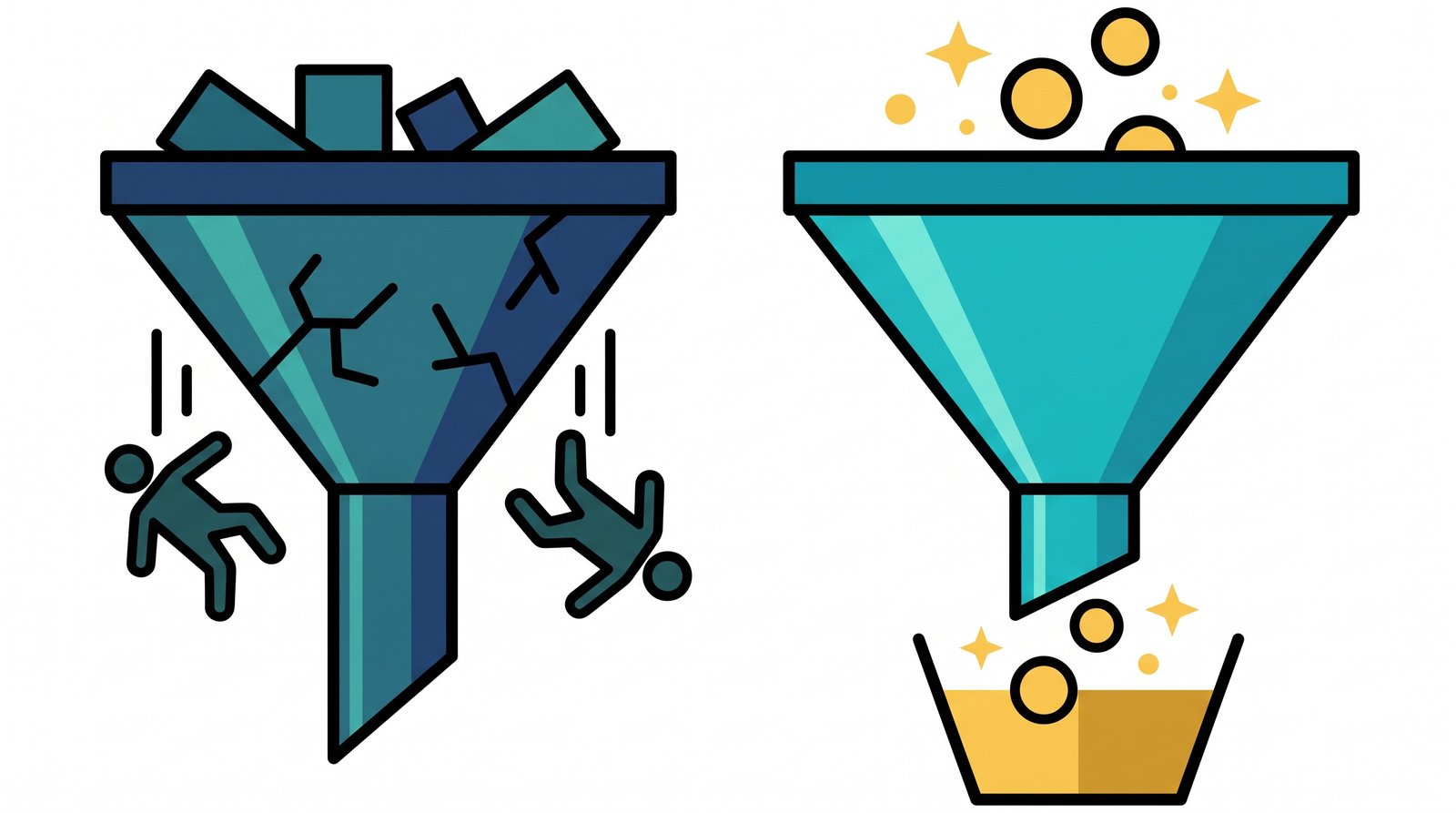 Editorial 3D illustration of two contrasting funnels, one dark and clogged representing a slow website losing customers, one bright and glowing representing a fast website converting them