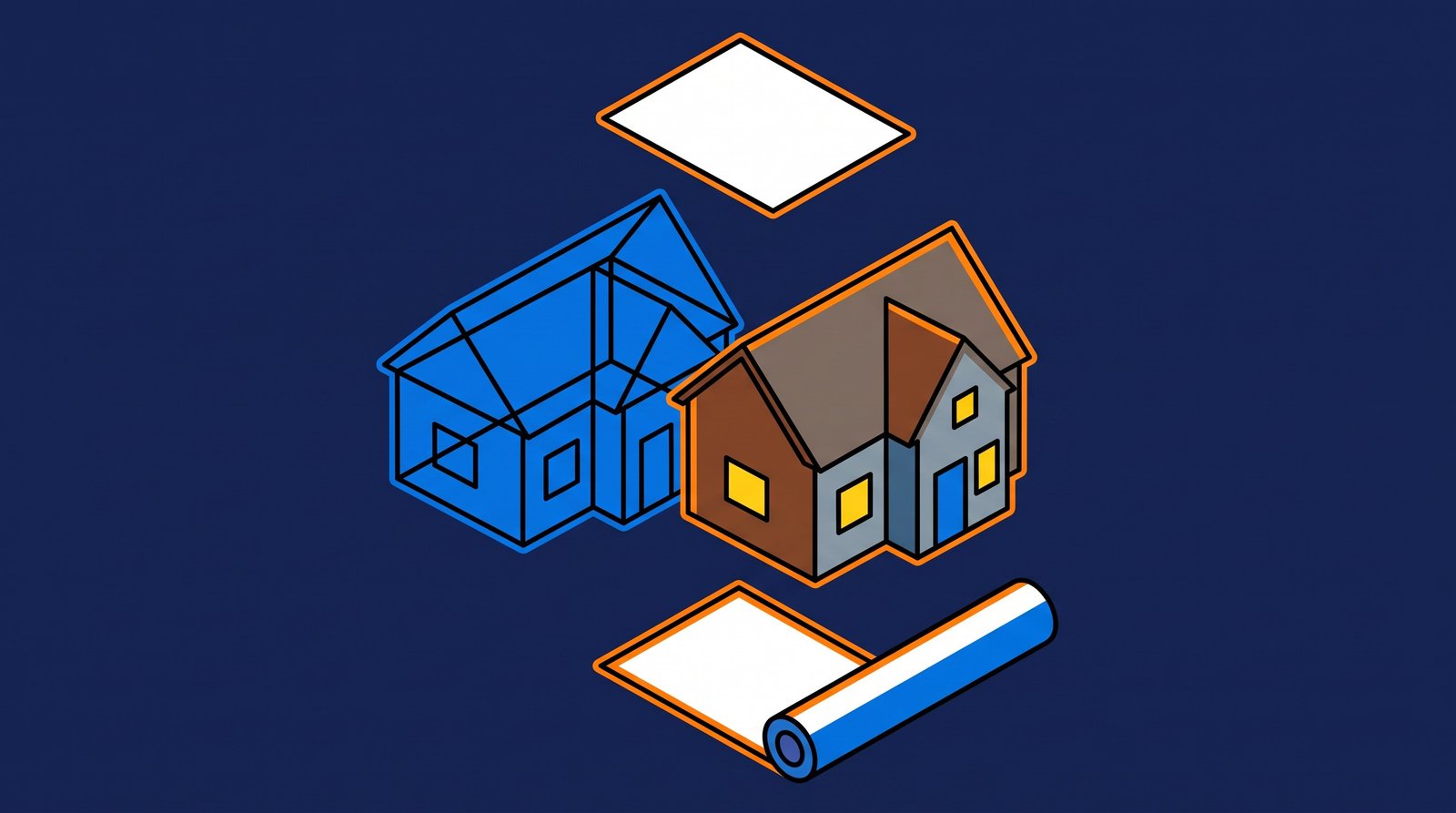 Editorial illustration of a glowing blue wireframe house blueprint transforming into a fully coloured, finished house render, with architectural plan sheets floating beside it