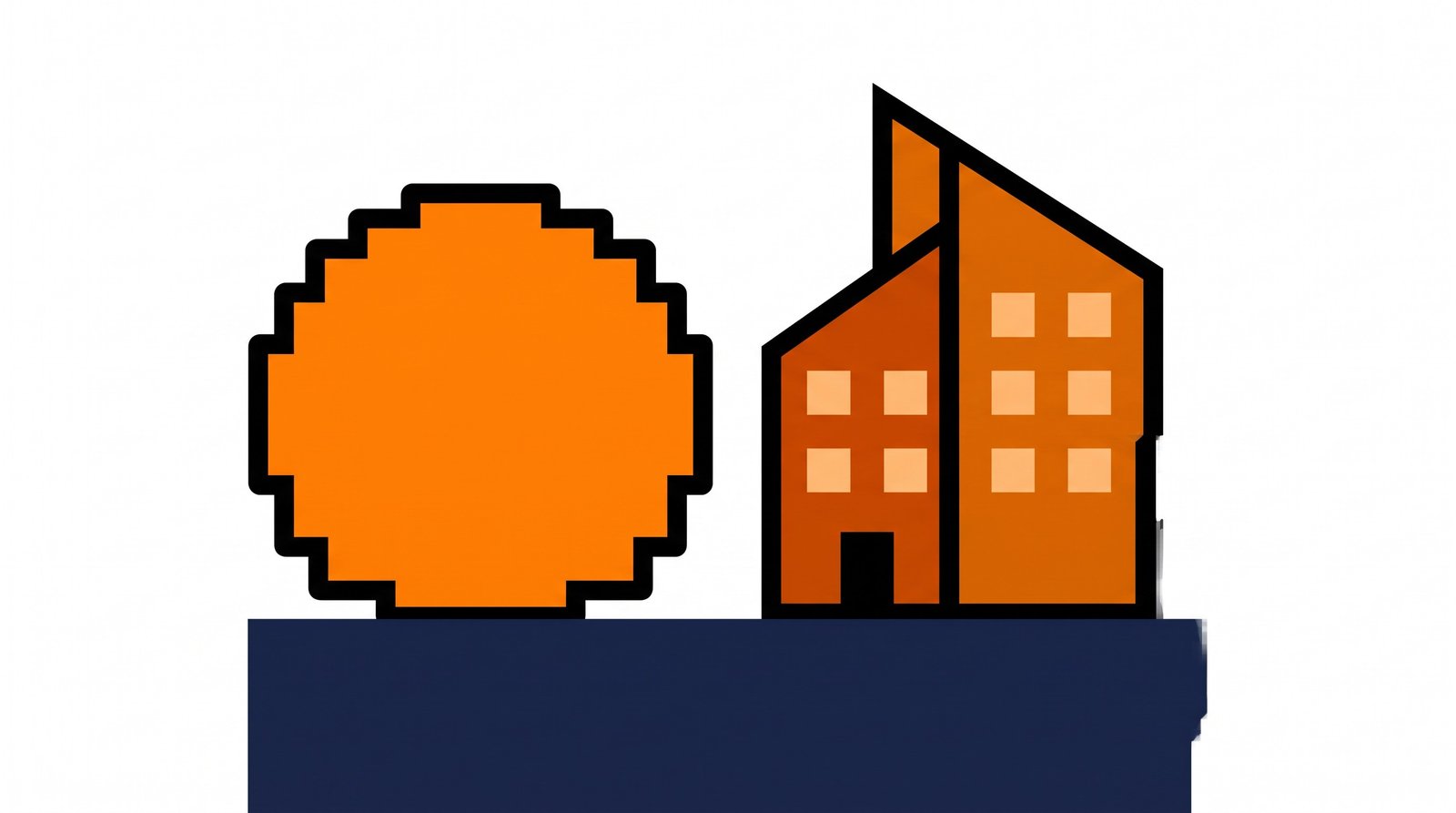 Editorial illustration contrasting a vague, undefined orange blob shape on the left with a crisp, precisely detailed building render on the right