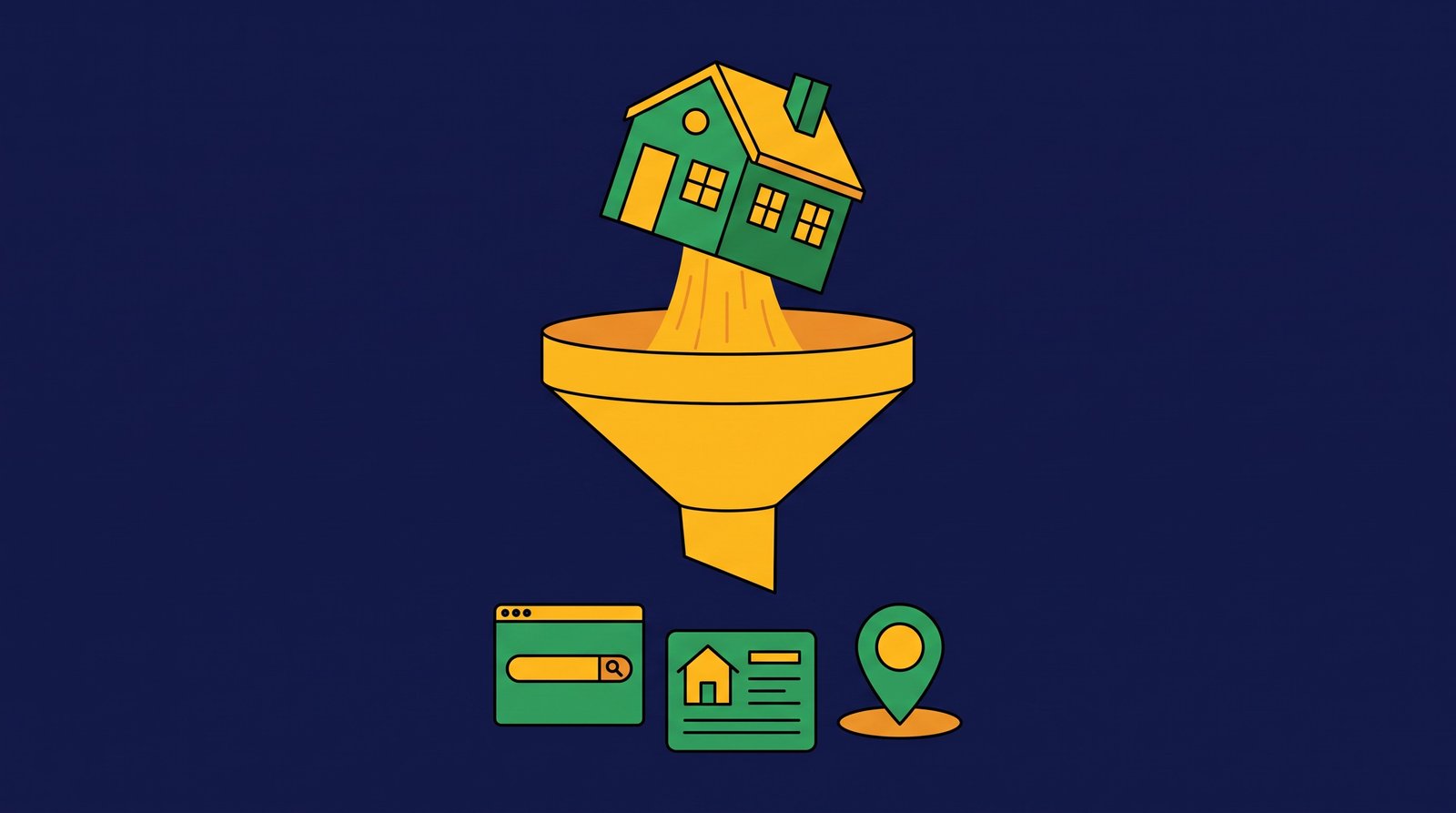 Editorial illustration of a rendered house pouring into a funnel that narrows down to a website, a property listing card, and a location pin