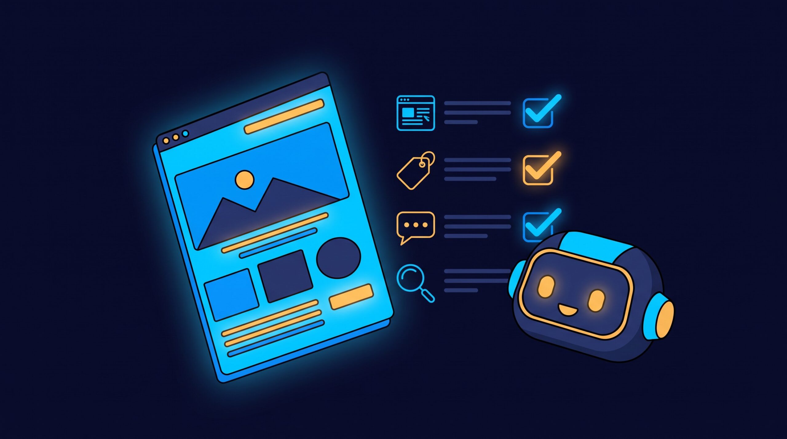 Illustration of a glowing webpage document with a checklist beside it, ticking off items labelled indexed, structured data, clear answers, and real reviews, with a small robot reading the page