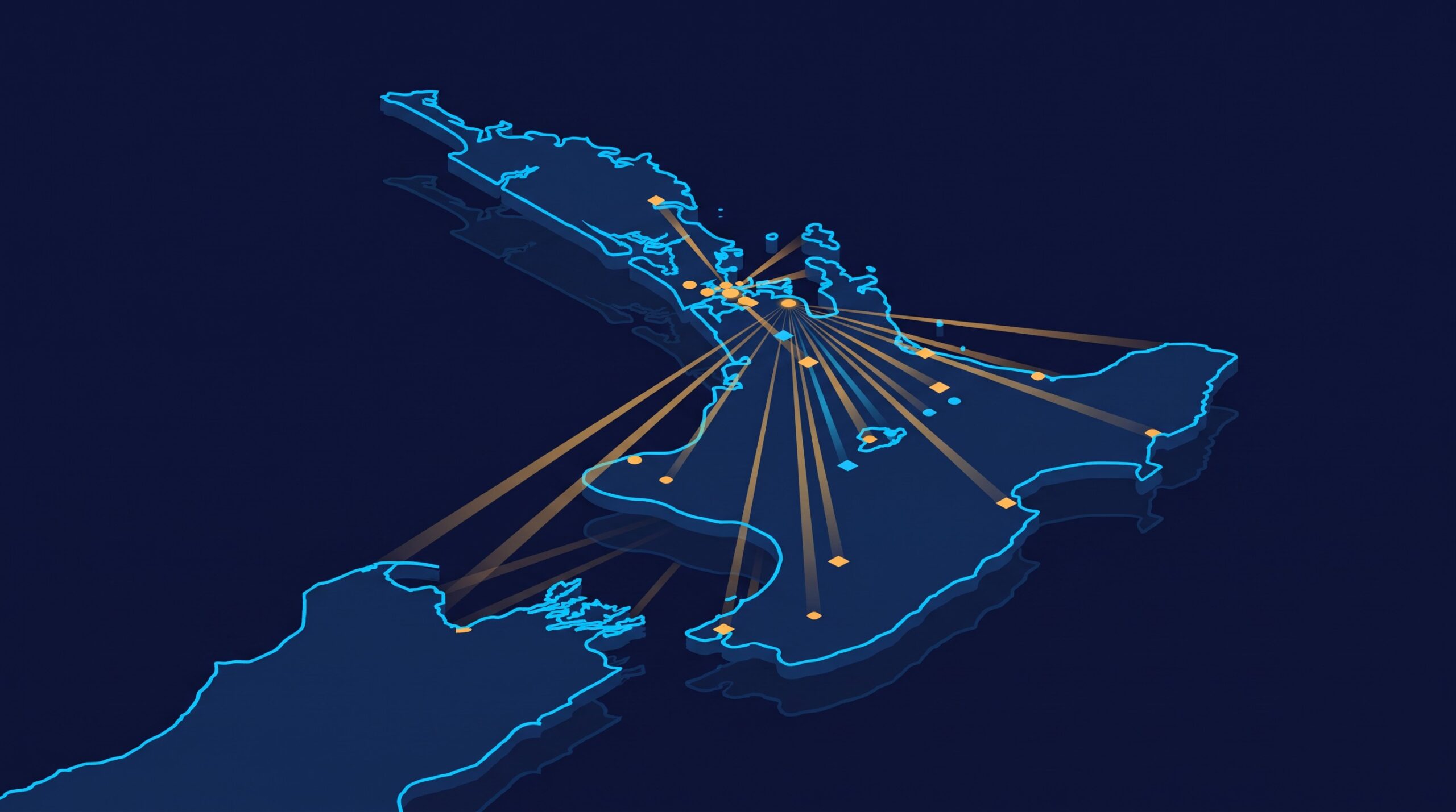 Illustration of a stylised map of New Zealand's North Island with glowing connection points over Auckland, representing local search and AI answers for New Zealand businesses