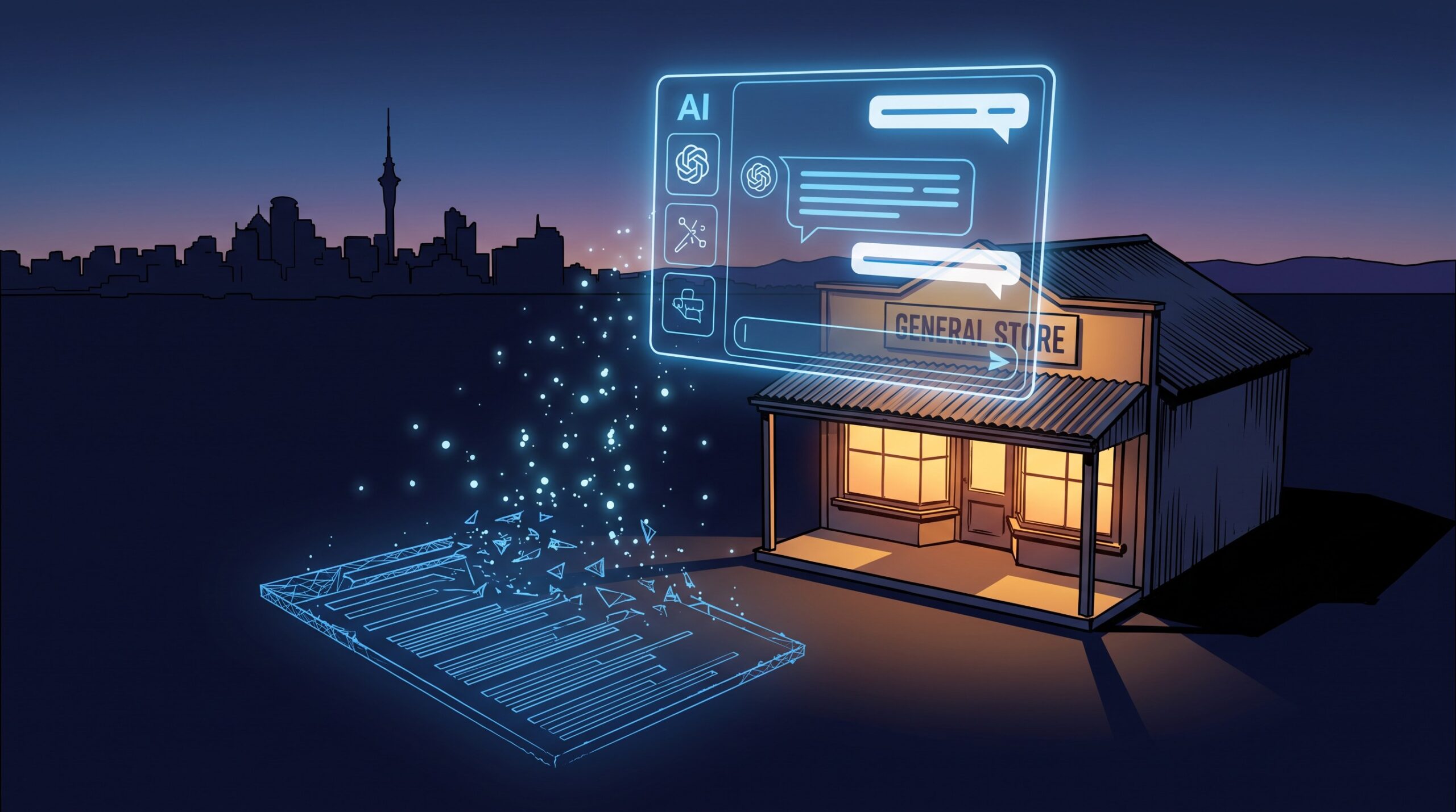 Editorial 3D illustration of a glowing AI chat interface floating above a New Zealand storefront, replacing a traditional row of search result links with a single synthesized answer bubble