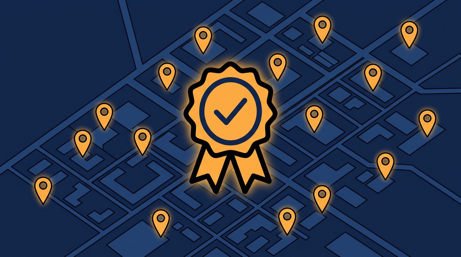 Editorial 3D illustration of a glowing certification badge with a checkmark surrounded by many scattered location pins across a city map, representing New Zealand's many independent, self-regulated massage and wellness practitioners