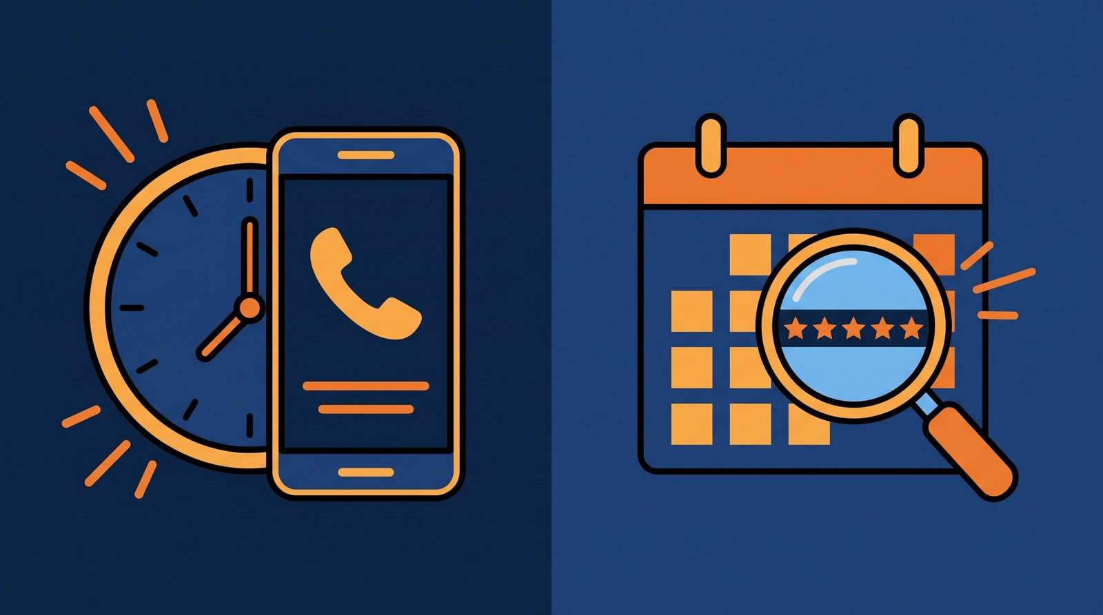 Split editorial illustration: a clock and phone with a call icon representing an urgent same-day massage booking on the left, and a calendar with a magnifying glass over a star rating representing a considered booking decision on the right