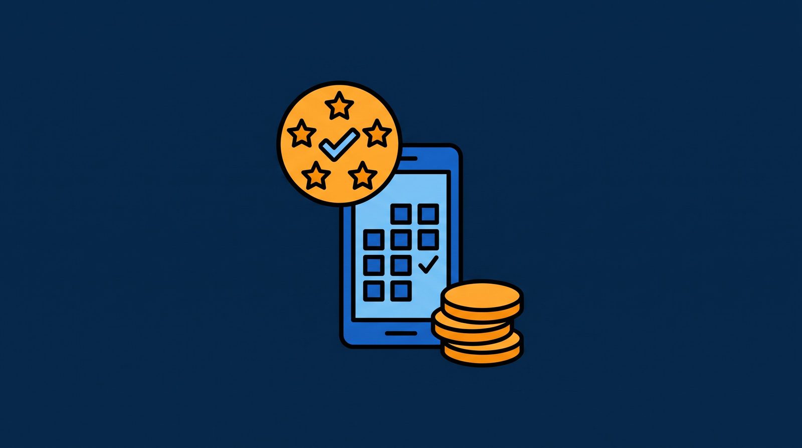 Editorial illustration of a smartphone showing an online booking calendar with a glowing five-star rating badge above it and a small stack of coins beside it, representing bookings and reviews converting into paid appointments