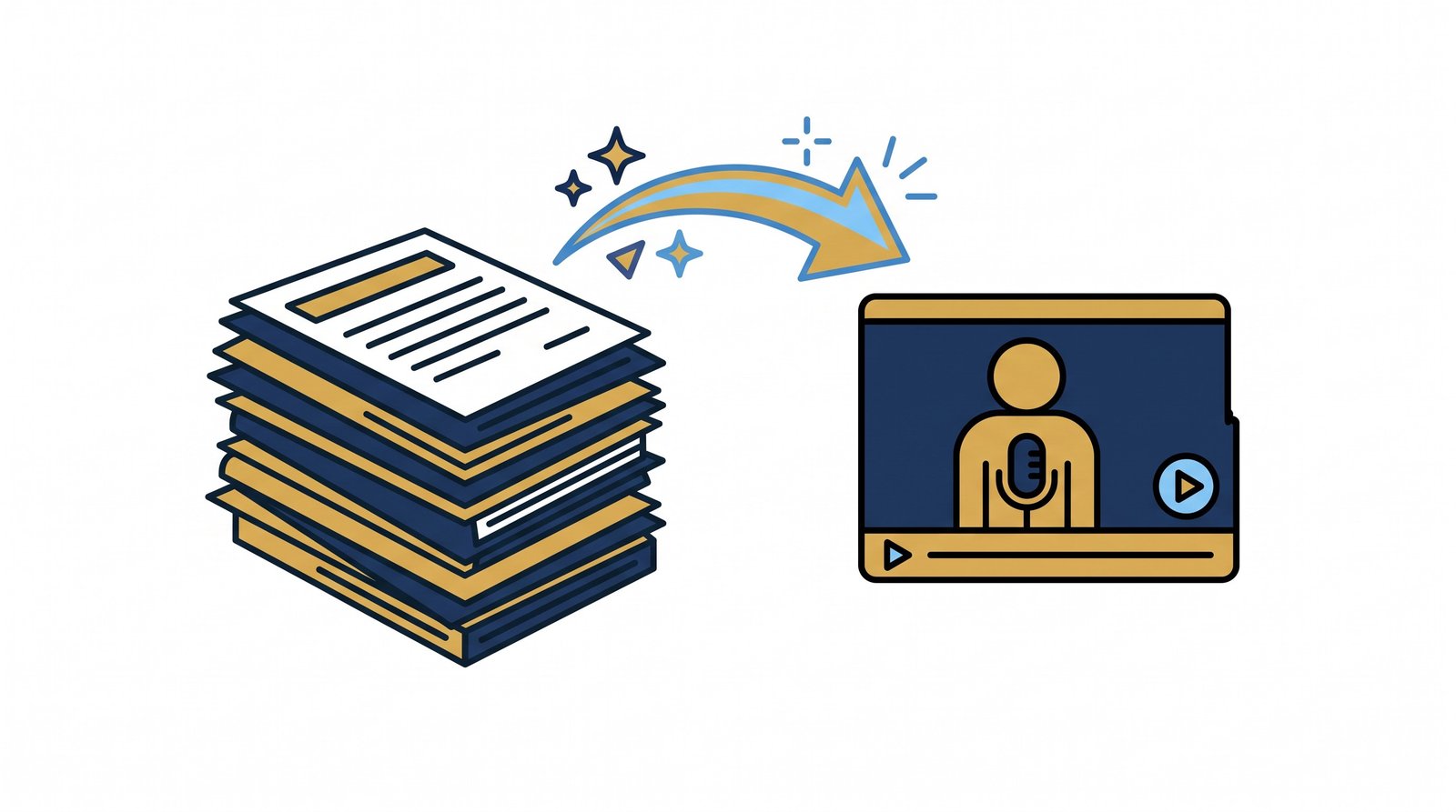 Editorial 3D illustration of a stack of printed report pages connected by a glowing AI spark to a small floating video-player window showing a narrated scene, representing a document turning into a video summary