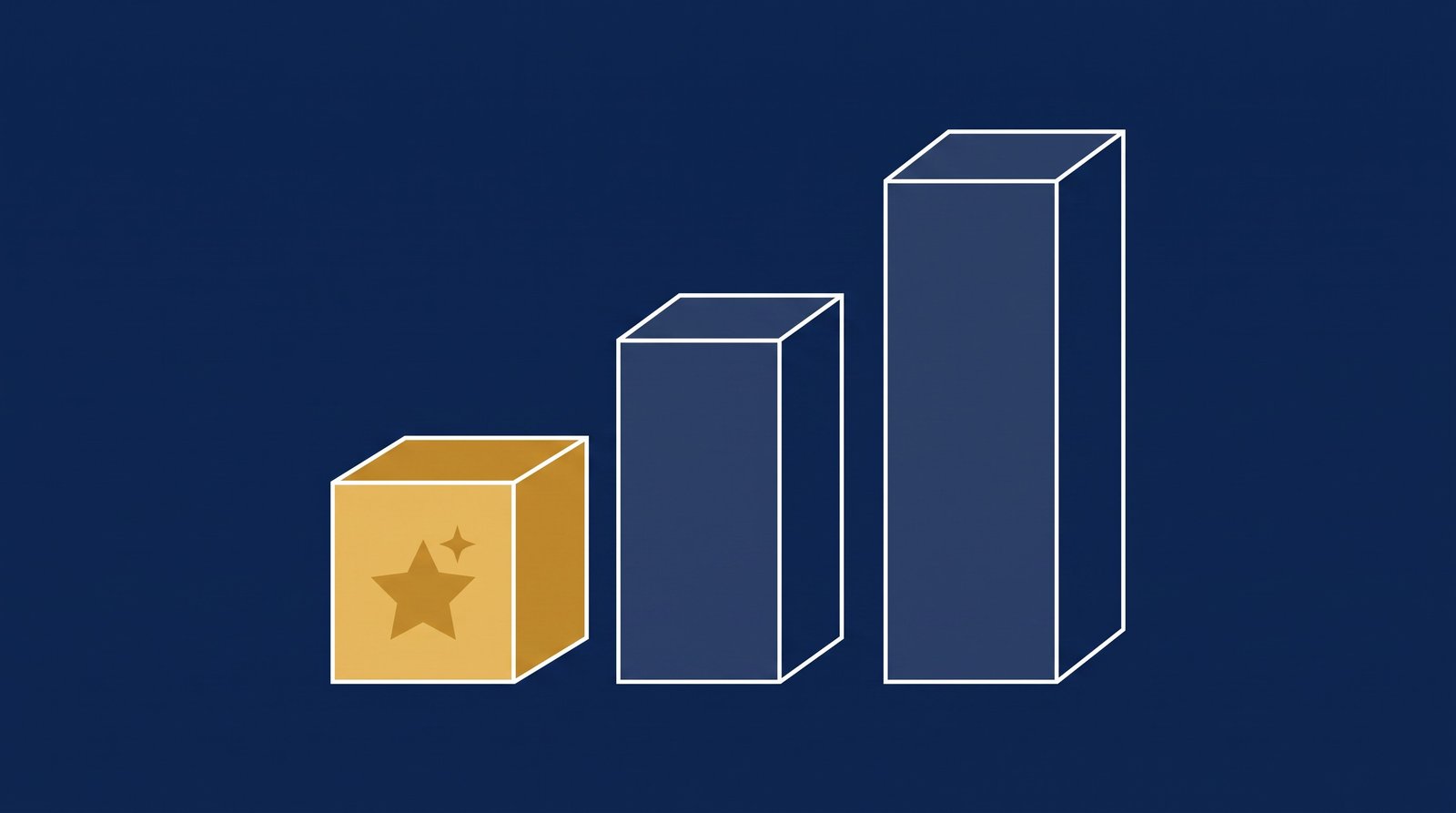 Editorial 3D illustration of three ascending glass pricing-tier blocks, the smallest one glowing gold with an AI sparkle inside it, representing an AI feature included even at the entry-level plan