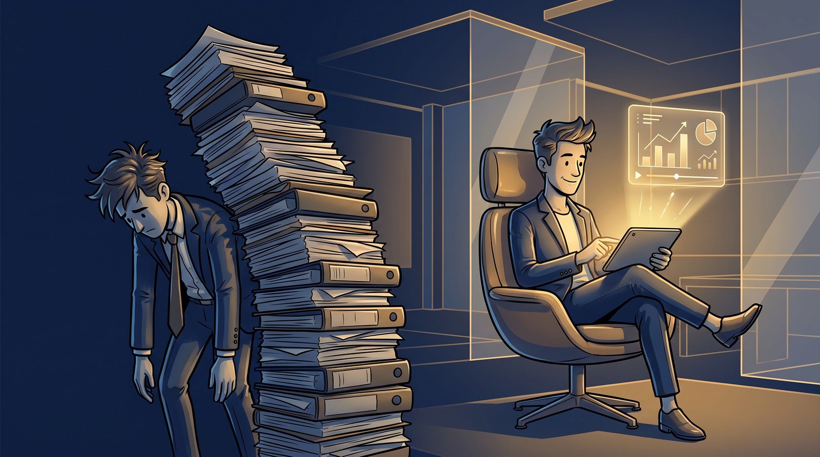 Editorial 3D illustration split in two: a tired business owner buried under a tall leaning stack of paper documents on the left, and the same figure relaxed watching a short glowing video summary on a tablet on the right