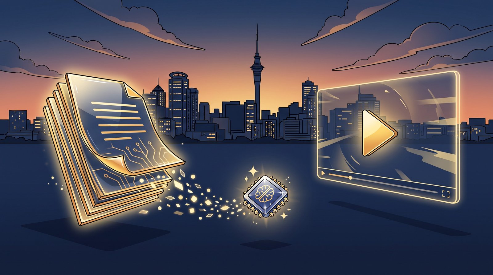 Editorial 3D illustration of a glowing stack of paper documents transforming mid-air into a floating video screen with a play button, against a dusk Auckland skyline with the Sky Tower