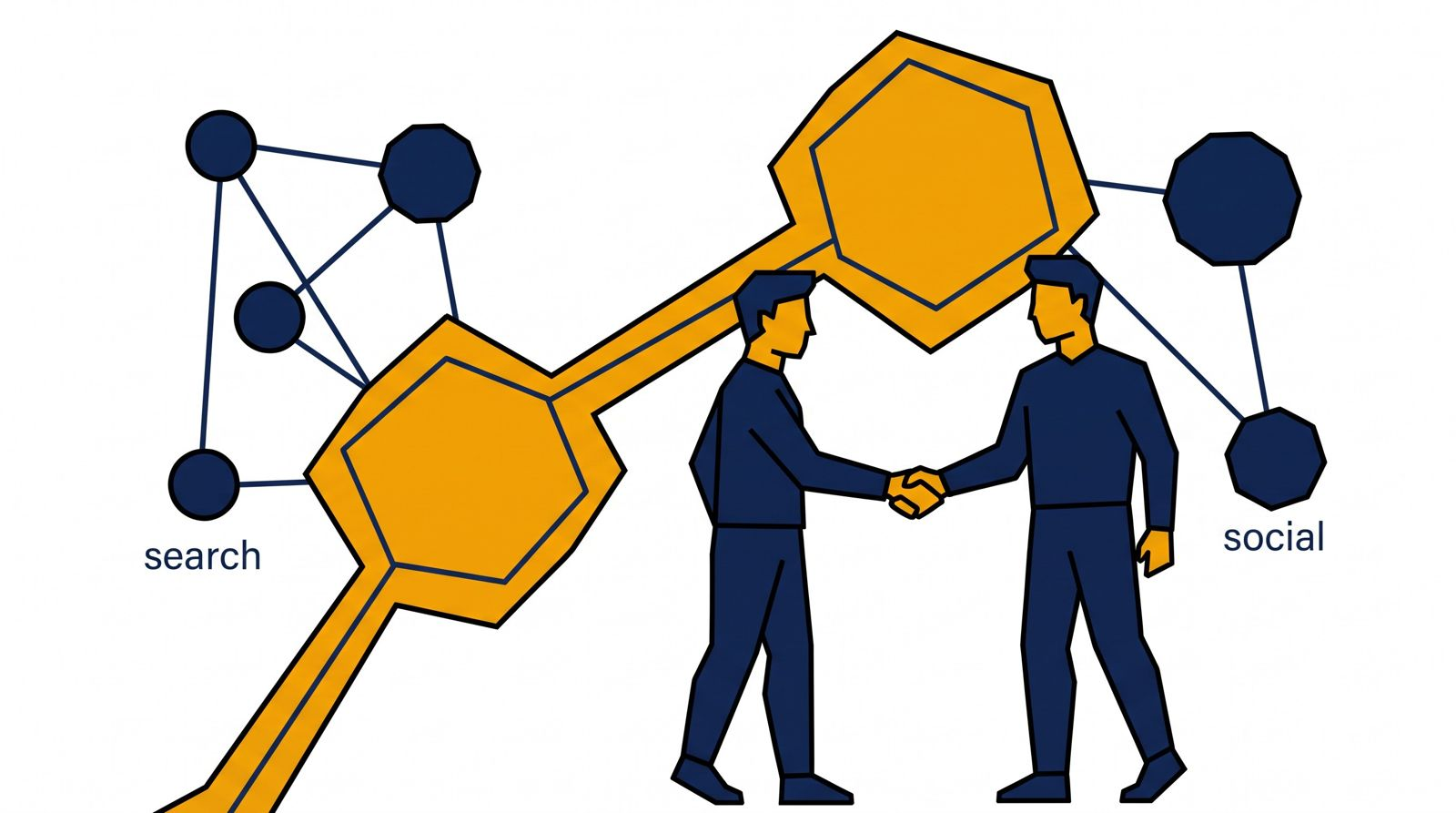 Editorial 3D illustration of two figures shaking hands in front of a glowing network of nodes, with one large node for referrals and smaller nodes for search and social media