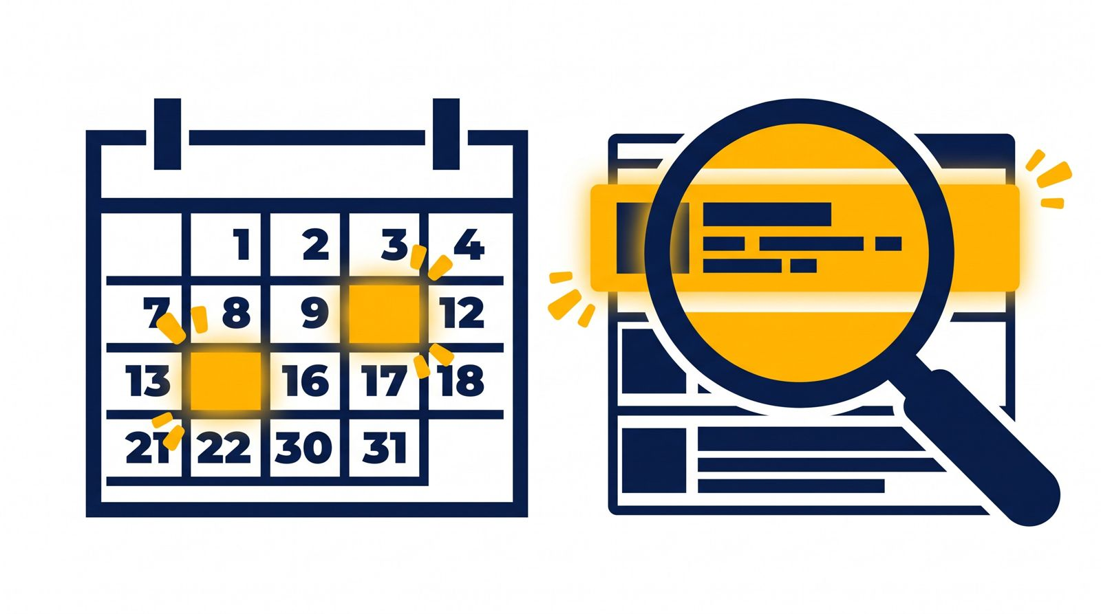 Editorial 3D illustration of a calendar with three highlighted tax deadline dates beside a magnifying glass over a list of search results with the top result glowing