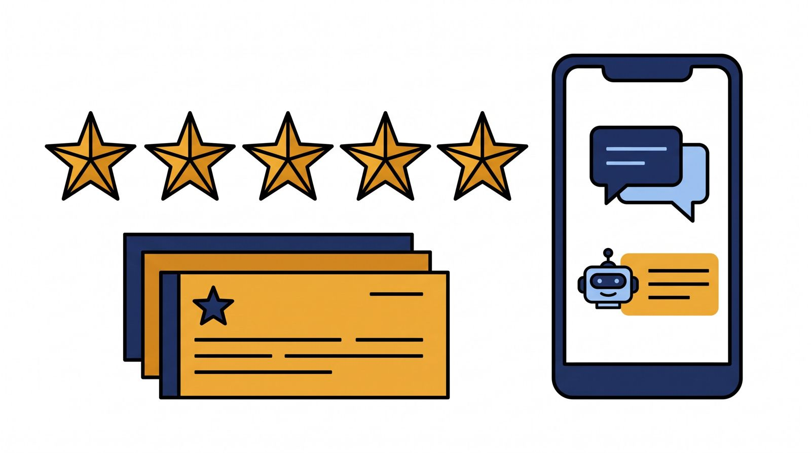 Editorial 3D illustration of five gold stars above stacked review cards next to a smartphone showing a chat assistant recommending a firm