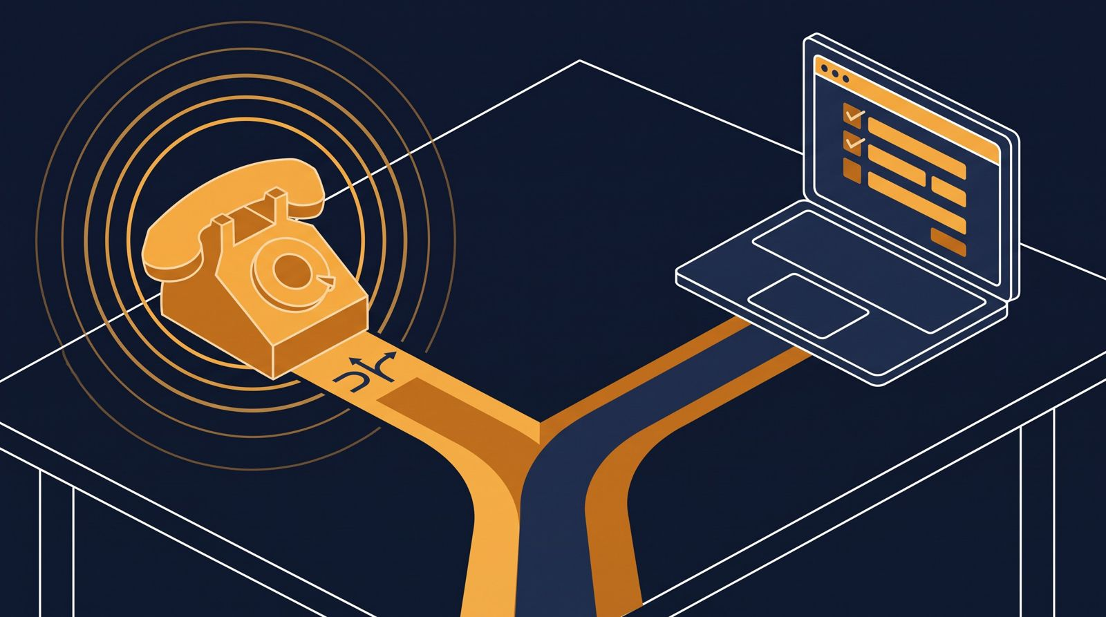 Editorial 3D illustration of a fork in the road at a desk, one path a glowing ringing phone and the other a web form on a laptop