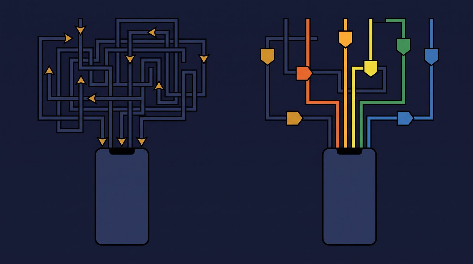 Editorial 3D illustration comparing a tangled maze of ad paths leading to one unlabelled phone with the same paths each carrying a coloured tracking tag