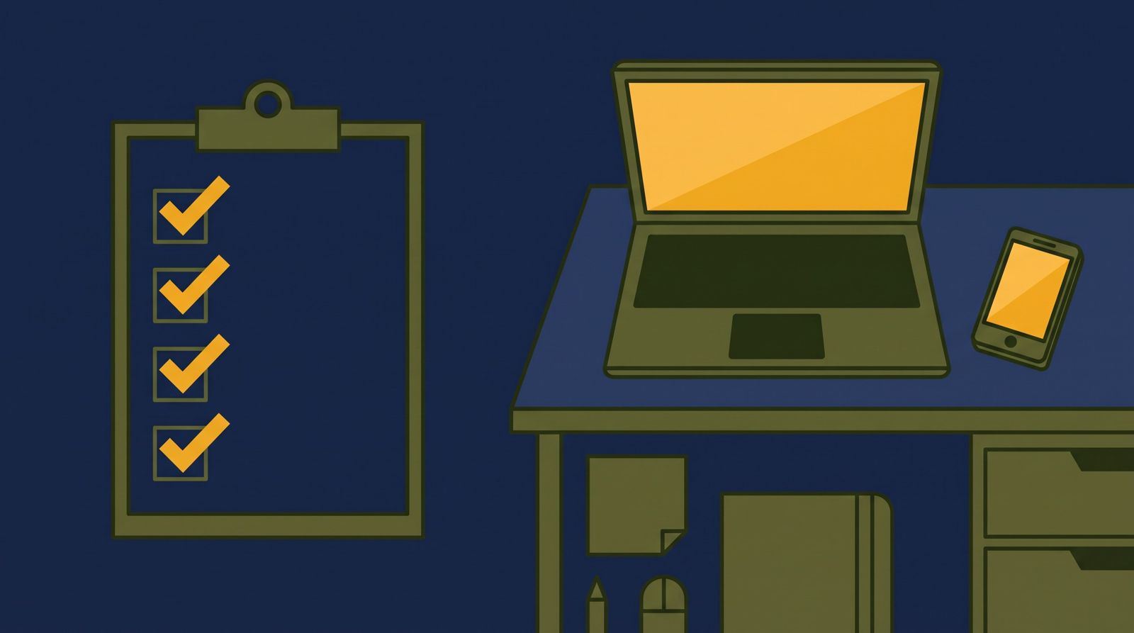 Editorial 3D illustration of a clipboard checklist with four glowing ticks beside a small business owner's desk with a phone and laptop