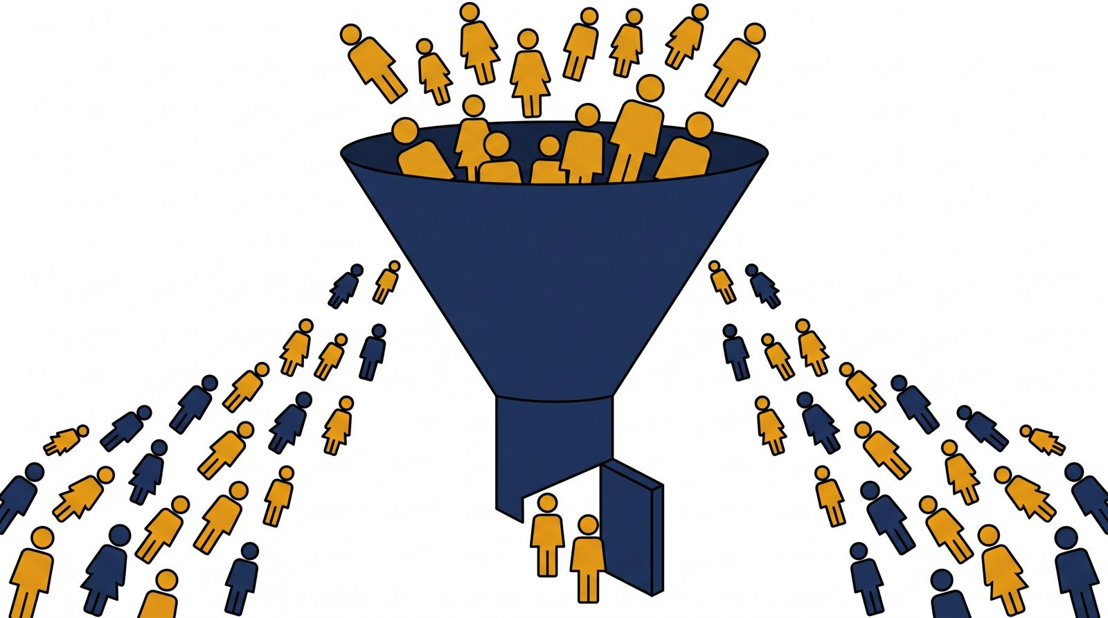 Editorial 3D illustration of a funnel with many visitor figures entering the top and only a few reaching the checkout door while the rest drift away